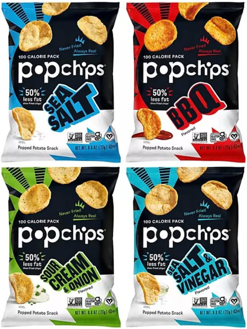 Popchip Potato Chips Variety Pack, Single Serve 0.8 Ounce Bags (Pack of 30), 4 Flavors: 8 Sea Salt, 12 BBQ, 6 Sour Cream & Onion and 4 Sea Salt & Vinegar. Great snack choice for Trips, Parties, School, Holidays and Care Packages by D'Elite Box