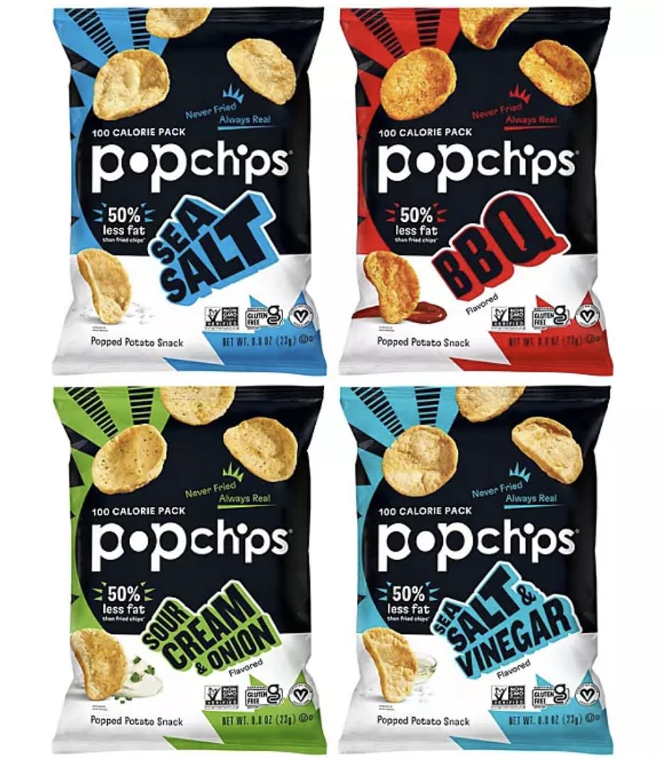 Popchip Potato Chips Variety Pack, Single Serve 0.8 Ounce Bags (Pack of 30), 4 Flavors: 8 Sea Salt, 12 BBQ, 6 Sour Cream & Onion and 4 Sea Salt & Vinegar. Great snack choice for Trips, Parties, School, Holidays and Care Packages by D'Elite Box