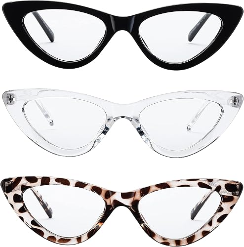 Miniatura 8 de Yogo Vision Paquete de 3 lentes de bloqueo de luz azul, lentes retro de ojo de gato para mujer, marco de plástico con bisagra de resorte claro