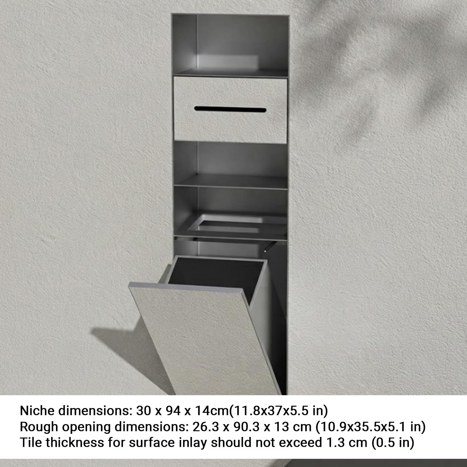 Nicchia Doccia Incasso Nicchia a Muro per Carta Igienica, | Porta carta igienica 5 in 1 montato a parete in acciaio inossidabile 304 con cestino nascosto(Gray,30*94*14cm)