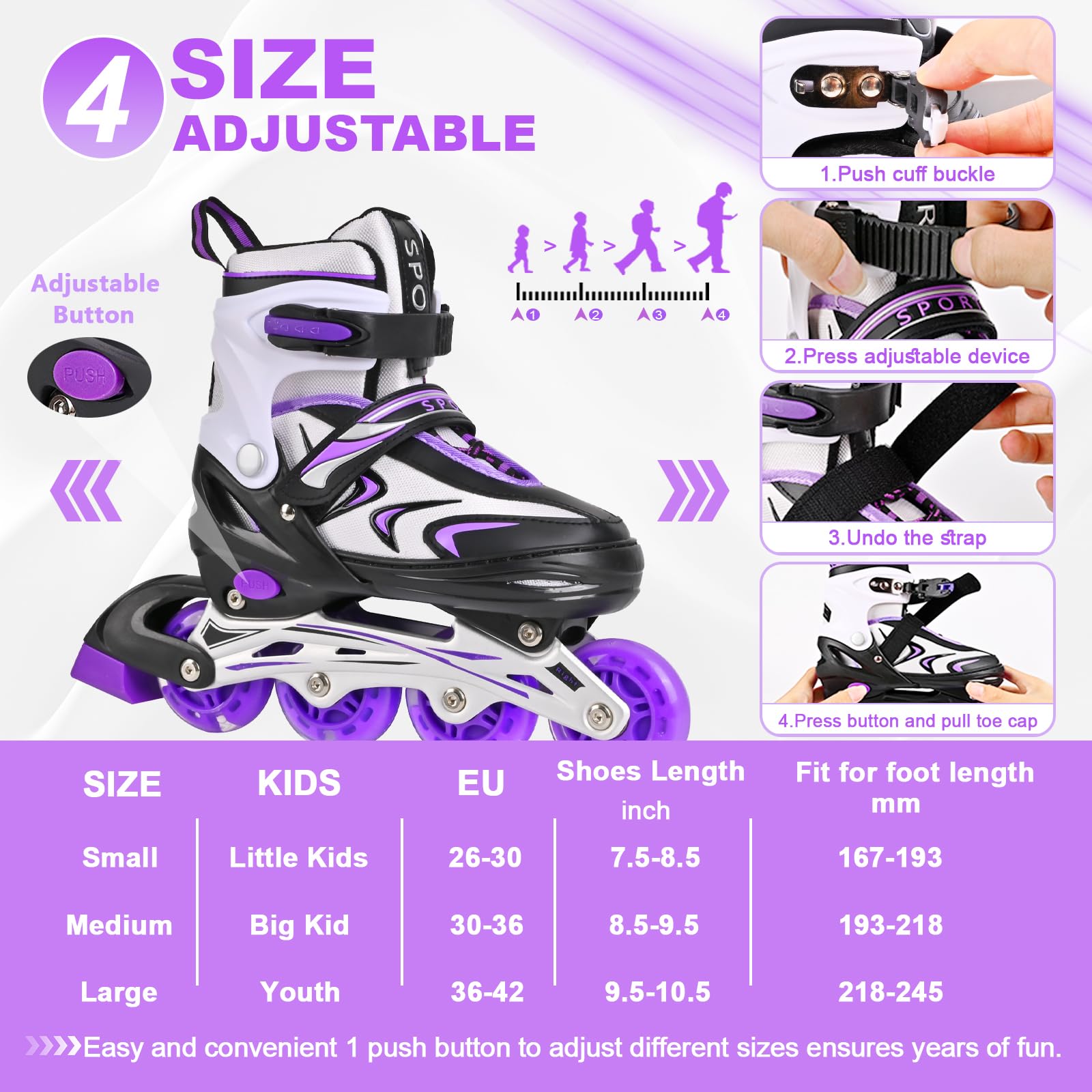 Patines en línea Ajustables para niños y niñas, Patines en línea para niños, Patines en línea para niñas y niños para Uso en Interiores y Exteriores (Negro y Morado, M)