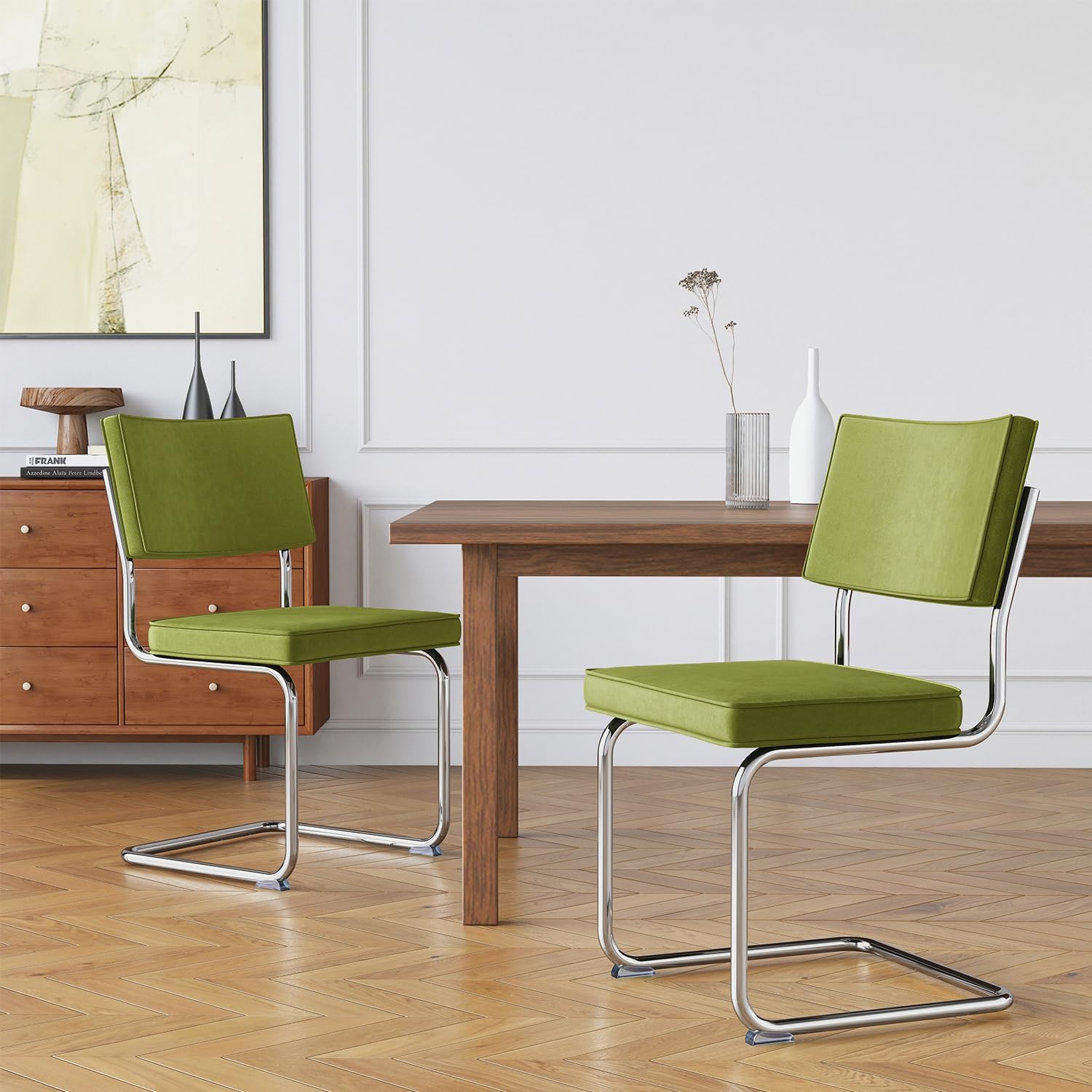 Green Velvet Dining Chairs,Mid Century Morden Dining Chairs, Minimalistic Style Kitchen & Dining Room Chairs, Upholstered Comfort Chairs with Chrome Metal Legs, Set of 2