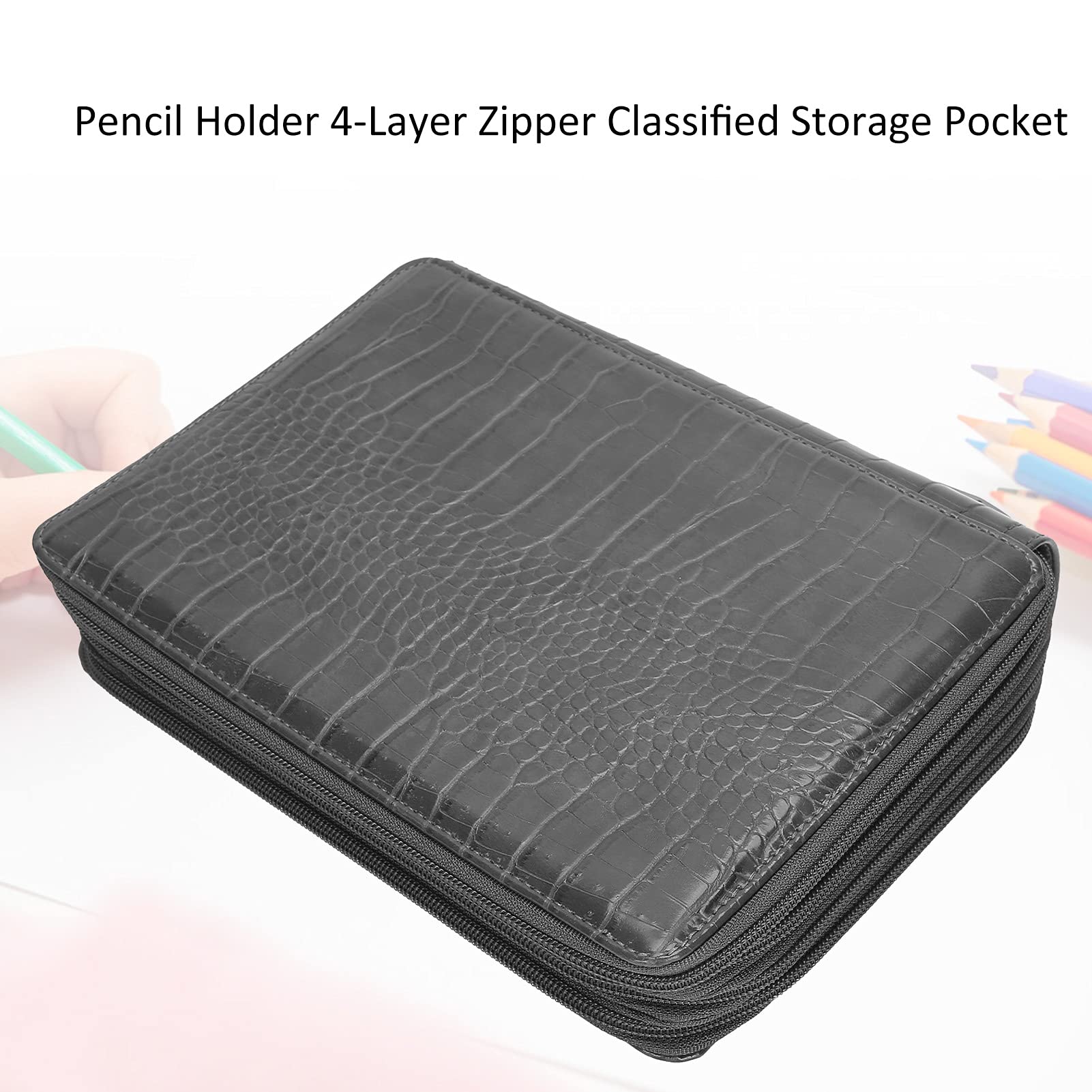Étui à stylos de grande capacité, 200 emplacements, porte-crayons, fermeture éclair à 4 couches, poche de rangement classée (Gray)