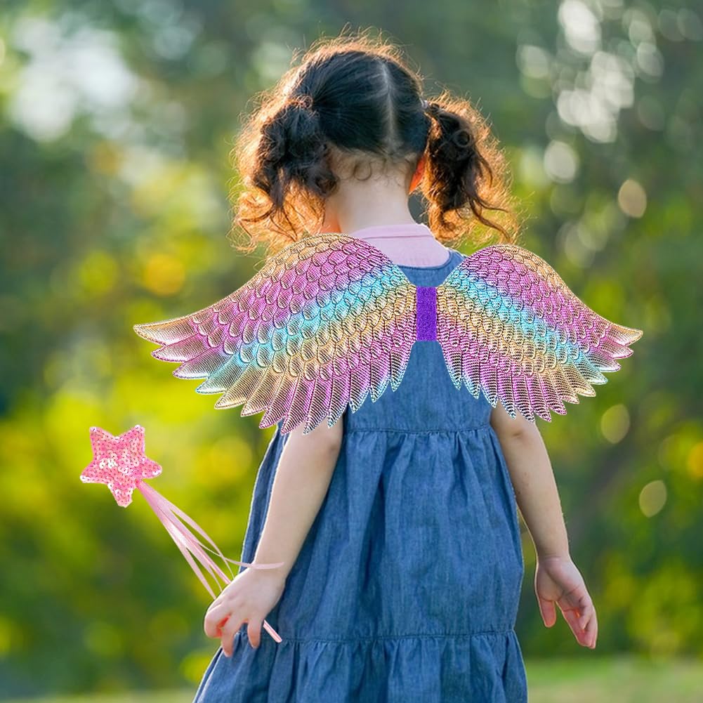 EQLEF Angel Wings for Girls Angel Fairy Wings With Star Fairy Wand Angel Costume Kids Fairy Wings Dress Up Angel Outfit for Halloween Christmas Party Cosplay (3-7 Years Old) - Image 3
