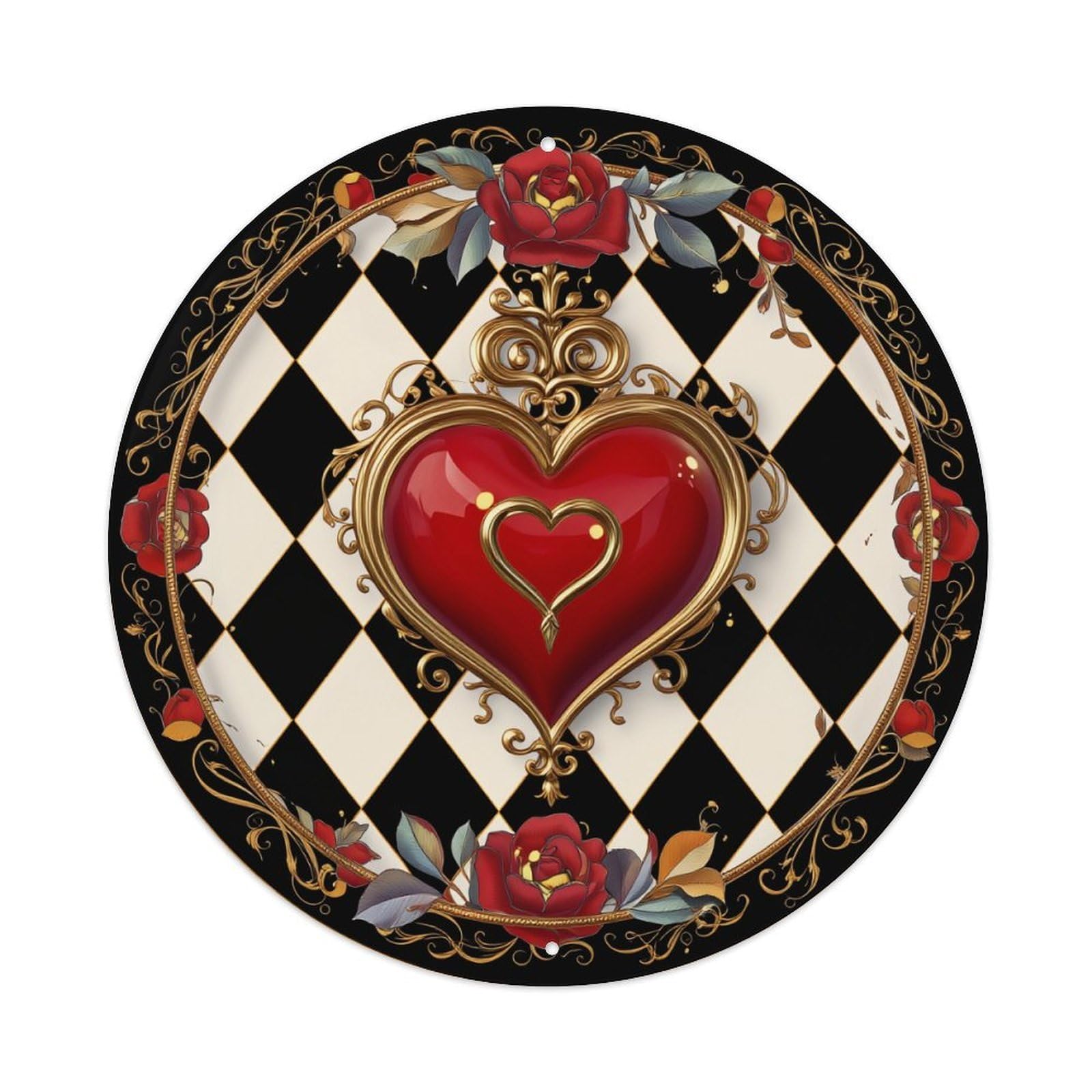 Heart Rose Checkered Gold Ornate Round Tin Sign Vintage Metal Poster, Home Bar Garage Man Cave Cafe Indoor & Outdoor Wall Decoration 8x8Inches