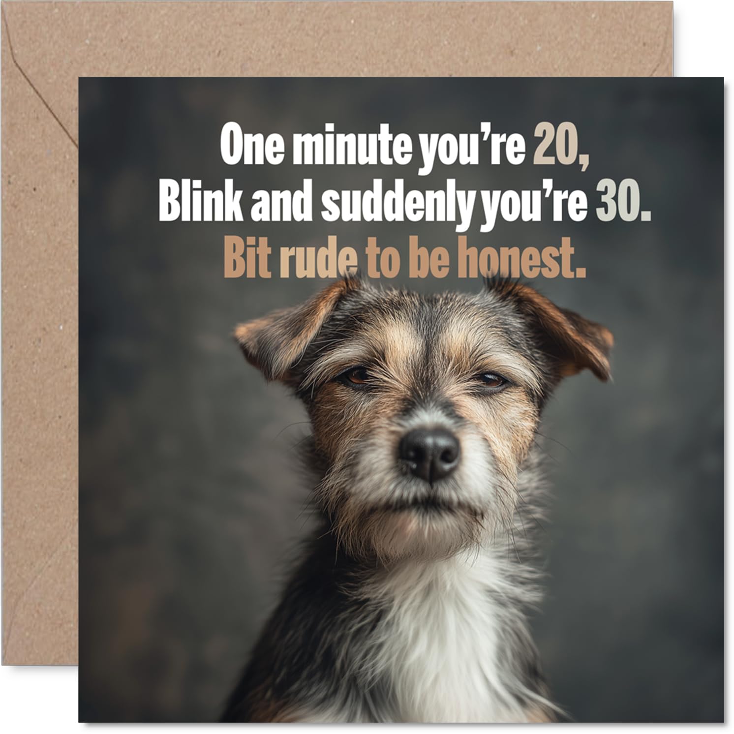 Cheeky 30th Birthday Card - Blink and Suddenly You're 30 - Humorous Dog Close-up with Witty Ageing Quip - Perfect for Anyone Feeling the Years - 145mm Square, Envelope Included