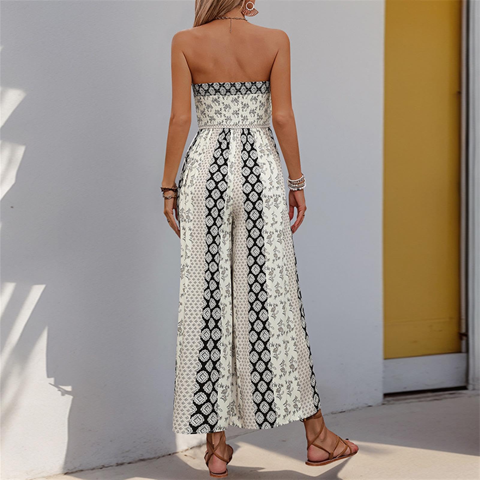 Boho monos de las mujeres - Floral sin mangas tubo mono, cintura alta pantalones largos para trajes de verano