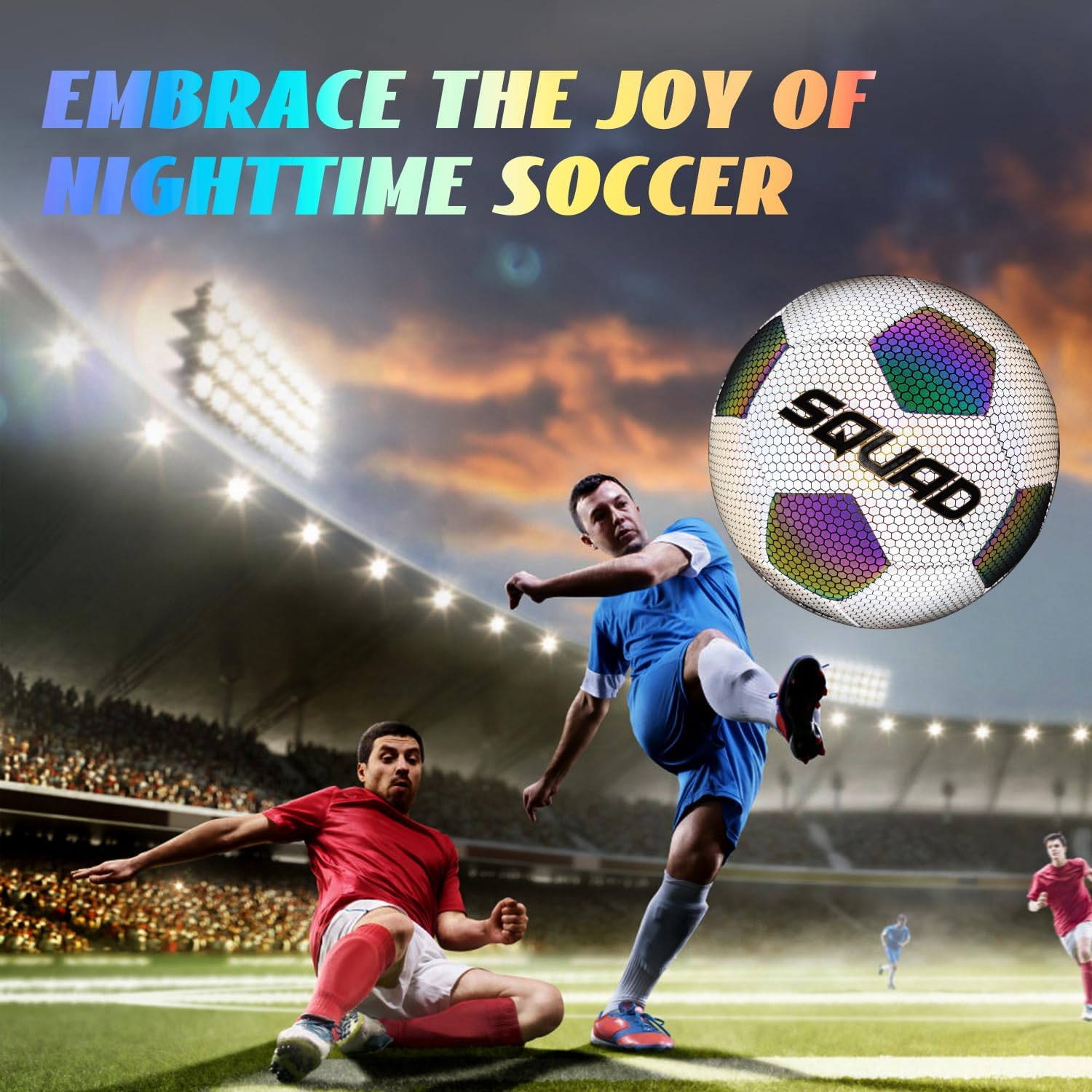 SQUAD Holographic Reflective Soccer Ball Size 5 - Reflective Glowing Ball for Night Games & Training - Durable PU Leather and Rubber Airbags - Cool & Unique Gift for Soccer Fans