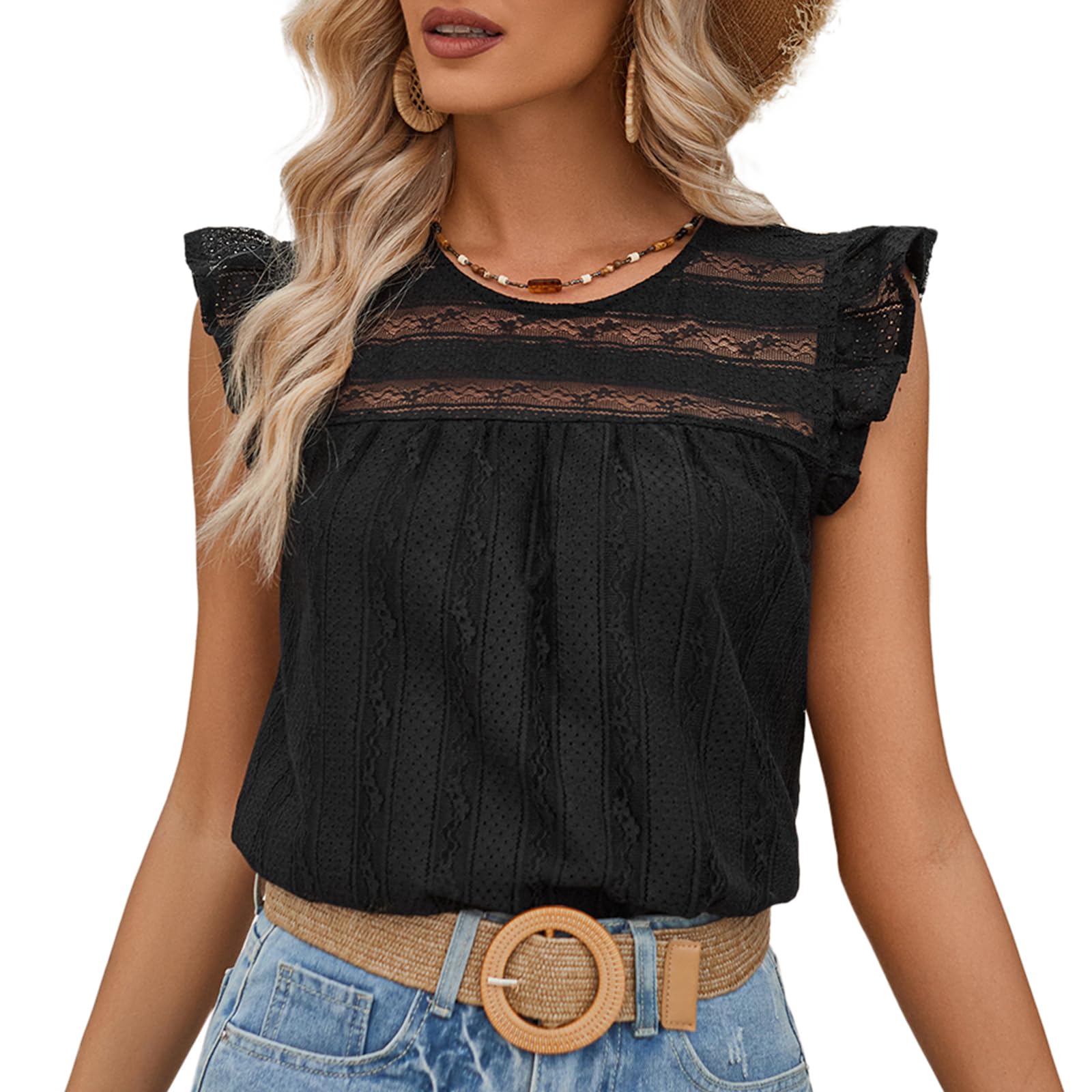 AQRTPXU Maglietta Canotta da Donna Pizzo Estate Senza Maniche con Volant Top Collo Rotondo Elegante Canottiera Camicetta Tank Top Moda