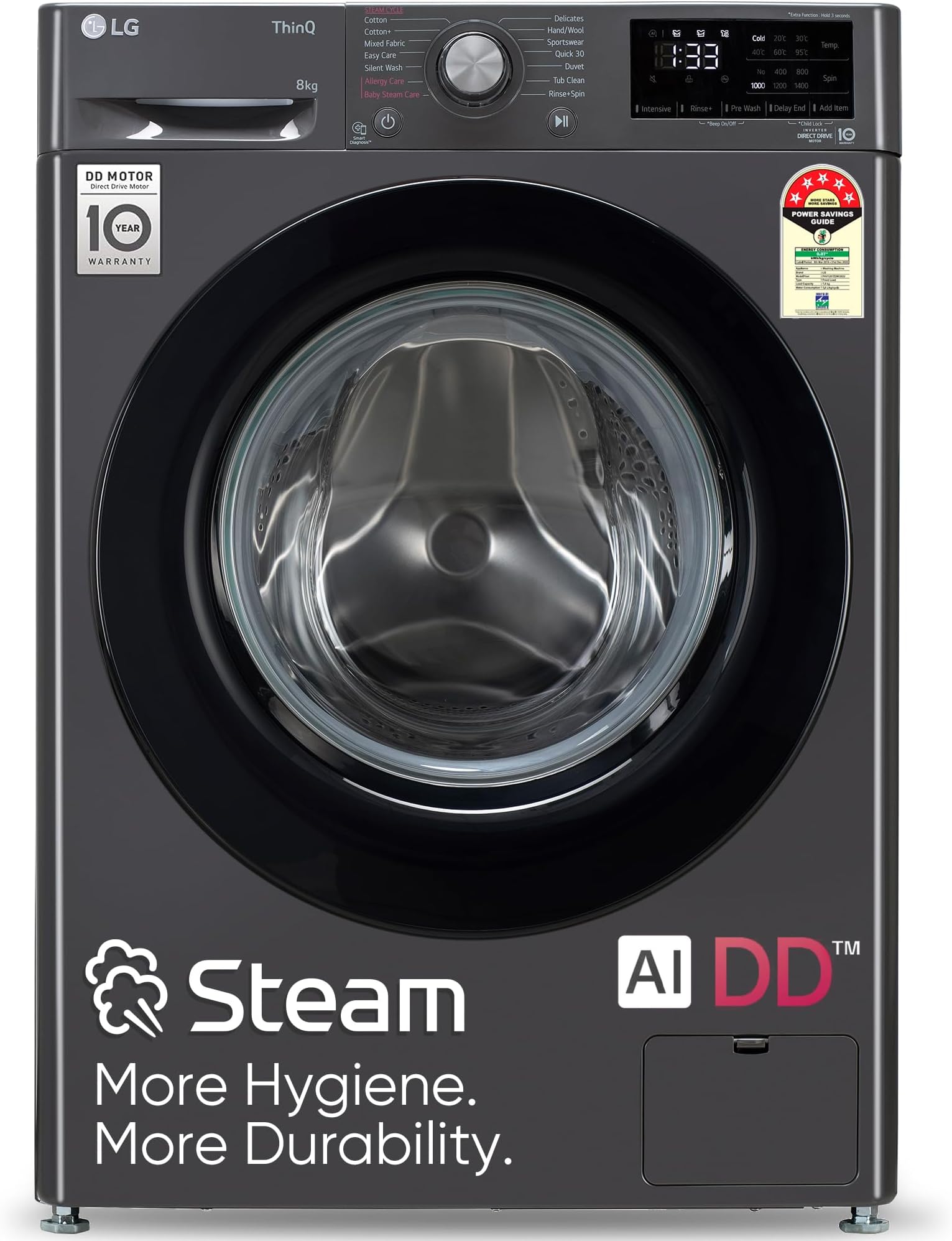 LG 8 Kg, 5 Star, AI Direct Drive Technology, Steam & 6 Motion DD Fully-Automatic Front Load Washing Machine (FHP1208Z3M, Intelligent & Convenient Fabric Care, Allergy Care, Middle Black)