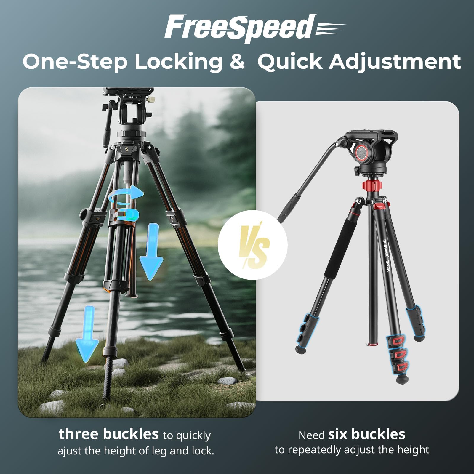 SMALLRIG Tripod de Video Resistente AD-50Pro, Trípode Liviano de Fibra de Carbono con Ajuste de Altura de Un Solo Paso FreeSpeed, Cabezal Fluido, Placa QR de Modo Dual, Columna Central - 4420