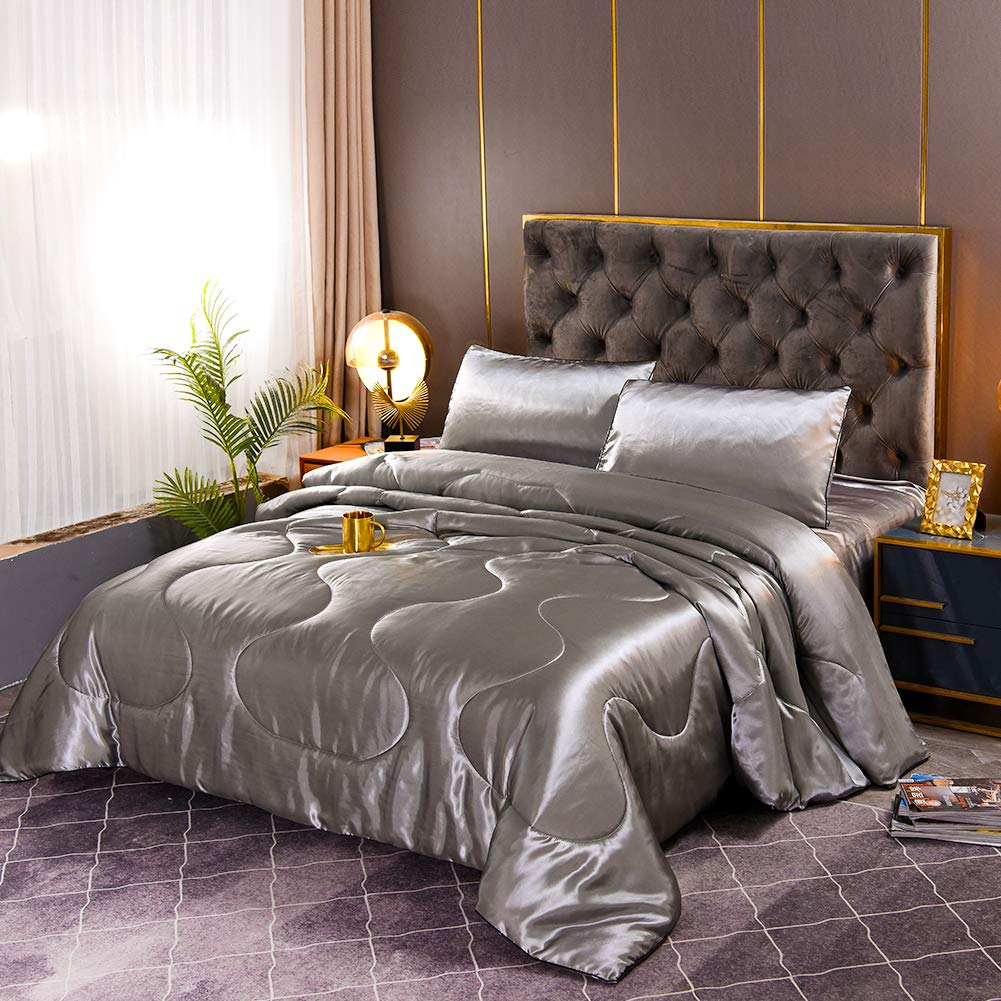 Queen Comforter Set Satin Silky 5 Pcs Grey Luxury Super Soft Microfiber Bedding Comforter Set Queen,(1 Luxury Satin Comforter, 2 Grey Pillow Shams, 1 Flat Sheet, 1 Fitted Sheet)
