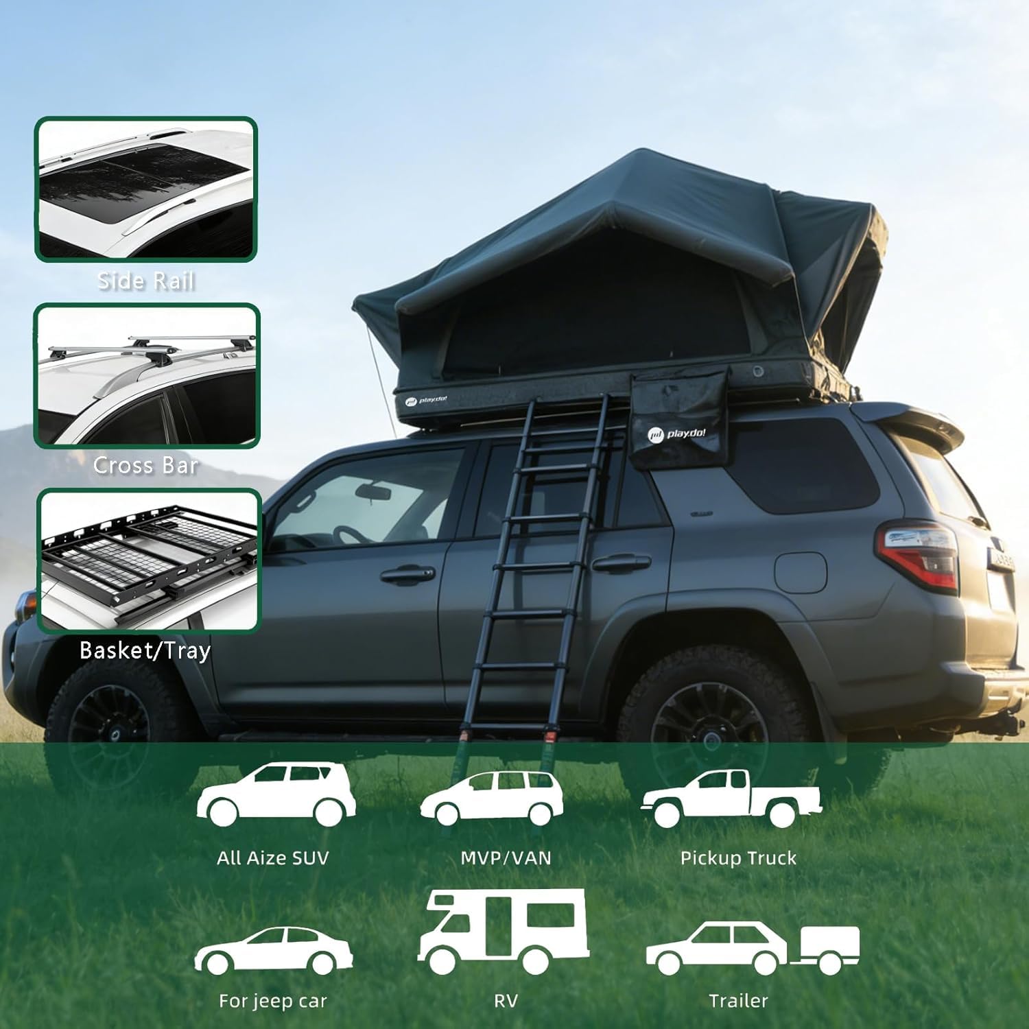 TentHome Tenda da Tetto Auto Campeggio 3-4 Posti Gonfiabile, Tenda sul Tetto Auto Facile Installazione, Tenda sopra Tetto Auto Impermeabile in Cotone Poliestere con Lucernario