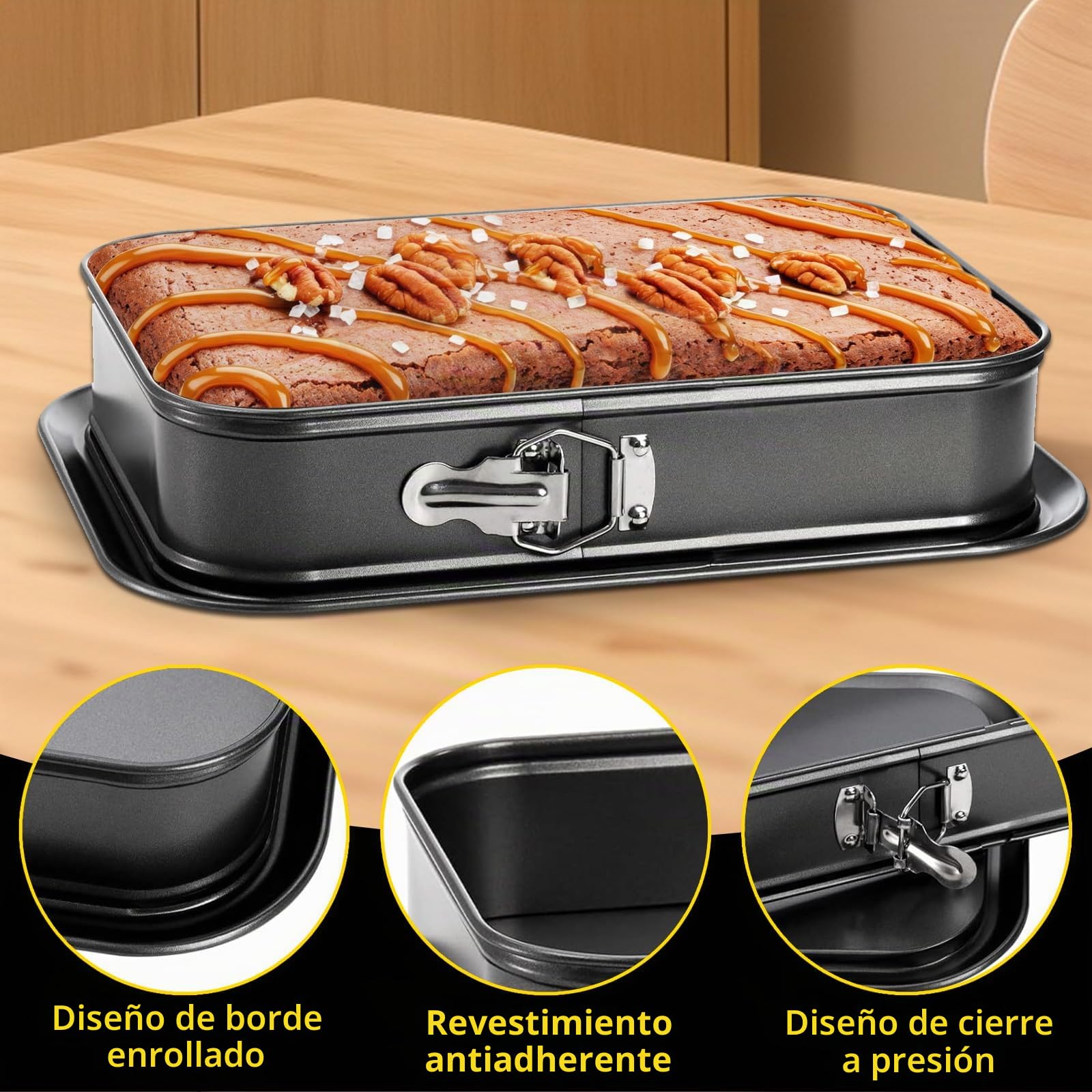 GAESHOW Molde Desmontable Rectangular 33x23cm, con Bisagra Acero al Carbono | Antiadherente, Molde Tarta Desmontable con Fondo Antigoteo, para Hornear, Tartas y Tiramisú
