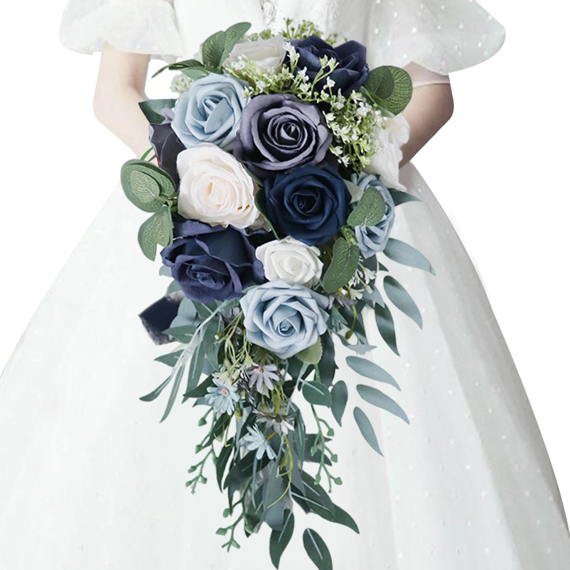 Bouquet de fleurs mariage forme goutte et roses bleues de prestige pour mariée