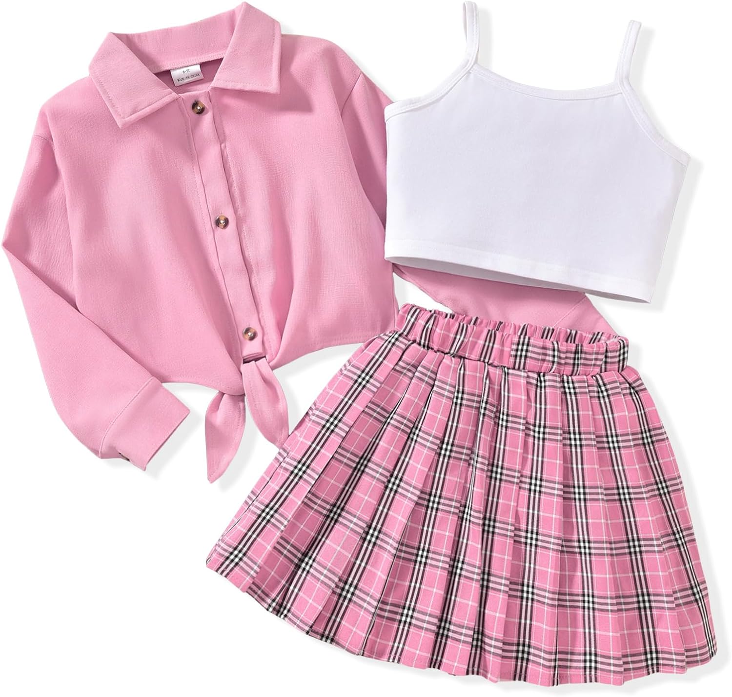 Girls 3 Piece Skirt Set Cami Crop Tops Pleated Skirt with Button Shirts Size 6-12