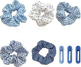 5 Pieces Scrunchies and 3 Hair Clips for Women Blue Checked Polka Dot Ponytail Holders Fluffy Cute Hair Accessories
