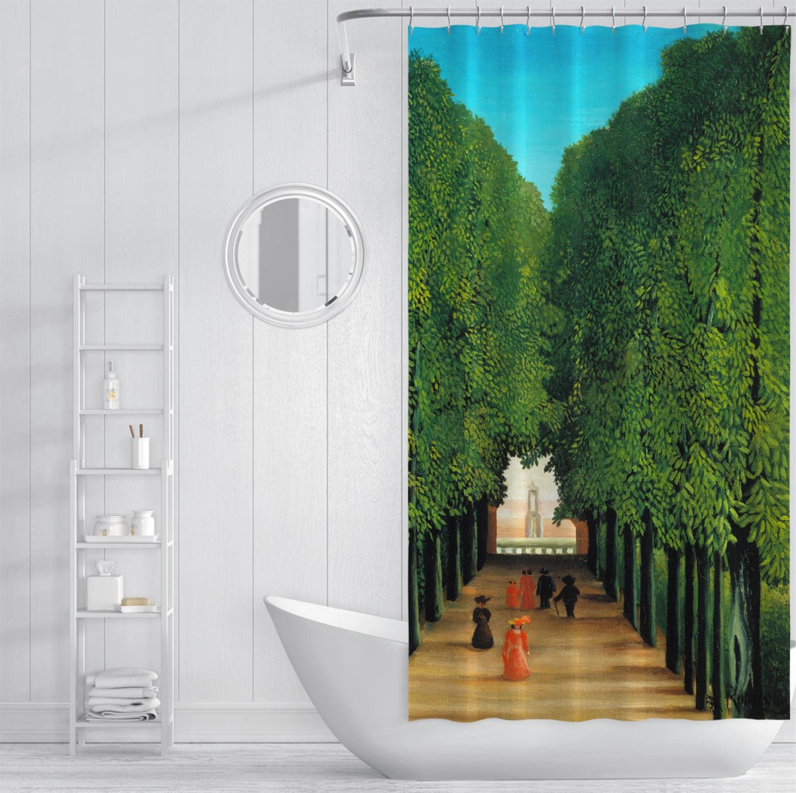 Zasłona prysznicowa Henri Rousseau Painted Print Zielony zestaw zasłon łazienkowych z haczykiem, bardzo szeroki, wodoodporny, szybkoschnący, wytrzymały poliester 240W x 200L