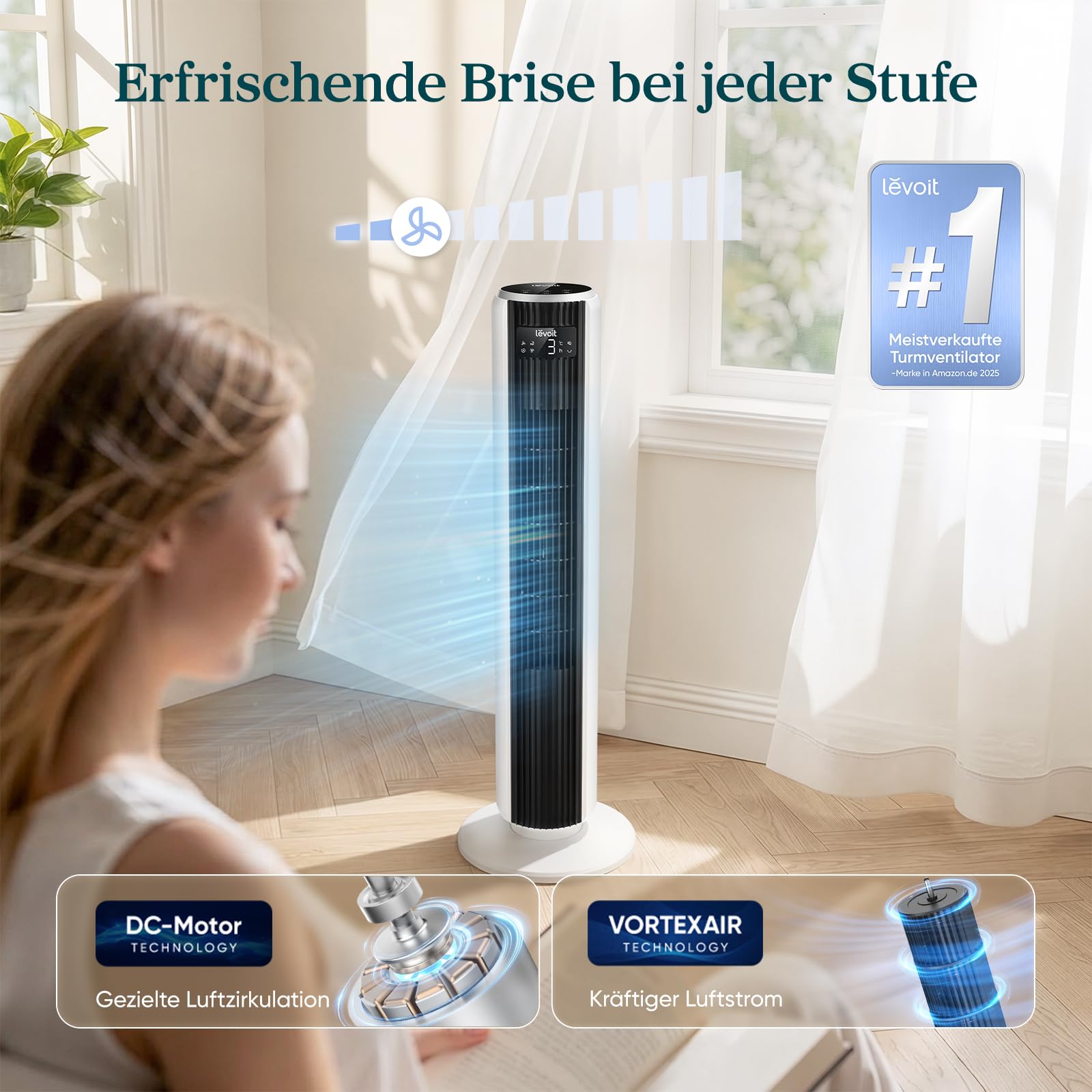 Levoit Tower Fan 92 cm 24W DC Motor 7,9m/s 20dB leiser Ventilator 4 Modi 12 Stufen 12 Std Timer Fernbedienung