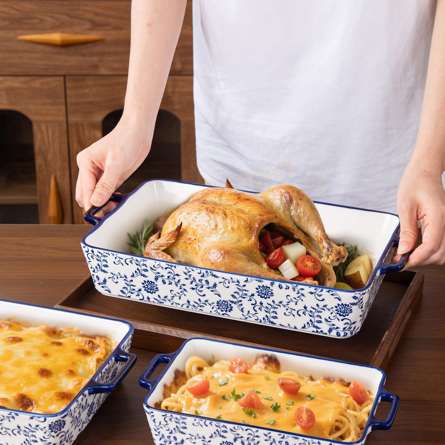 Ceramic Bakeware Set - Casserole Dish Baking Dishes for Oven - Rectangular Lasagna Pans with Handles for Kitchen Cooking - Microwave & Dishwasher Safe - Set of 3 (15.1''/13.6''/9.9'') - Blue