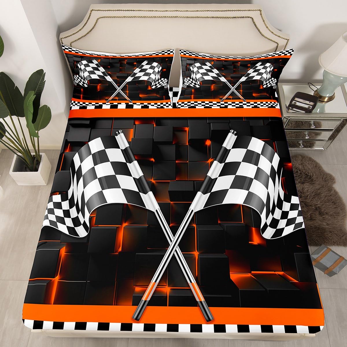 Erosebridal Race Car Bed Sheets Full Size - Checkered Flag Pattern, Black & White, 4-Piece Set - View #3