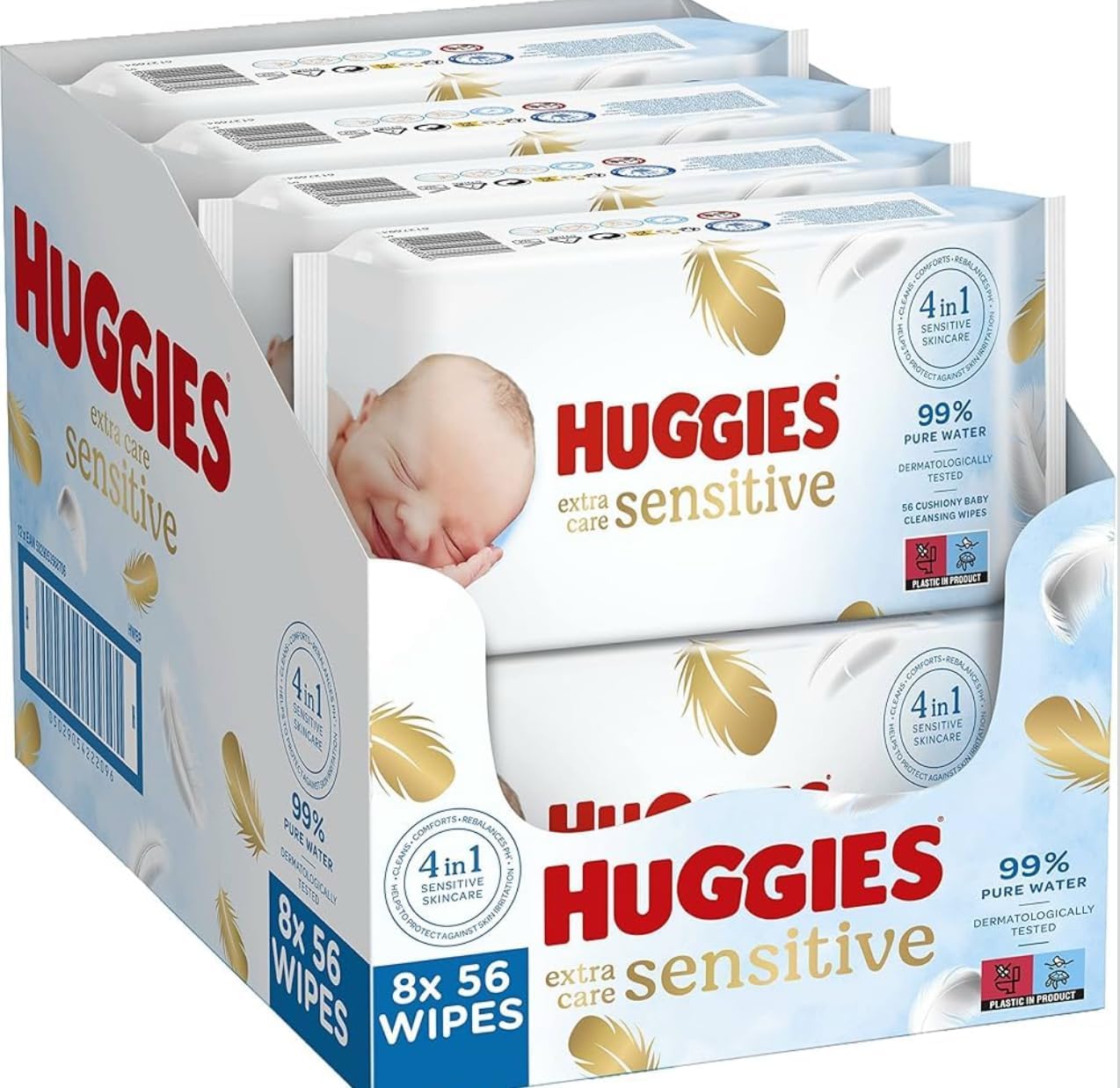 Huggies Pure Extra Care Sensitive Baby-Feuchttücher, Für den ganzen Körper, 99% reines Wasser, Parfümfrei, 8 x 56 Tücher, Monatsbox