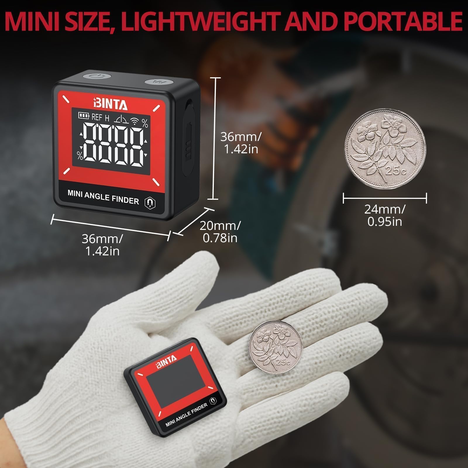 BINTA Medidor digital de Ángulos, Inclinómetro Transportador con Base Magnética Retroiluminación IP54 Recargable, Nivel de Burbuja Digital Magnético para Carpintería y Uniones de Mesa