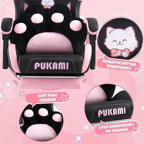 Miniatura 5 de Silla de juegos negra con orejas de gato y cojín lumbar de pata de gato, bonita silla ergonómica de escritorio para computadora con reposapiés y