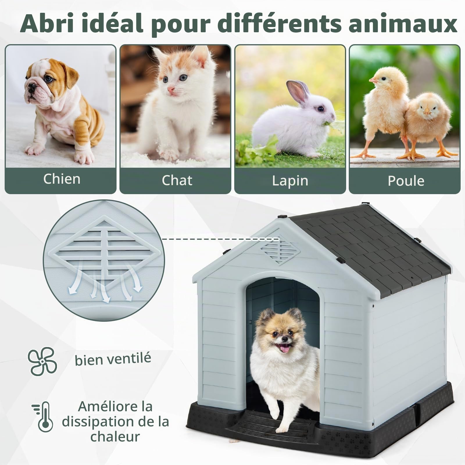 FANTASK Niche d'extérieur pour Chien, en Plastique, avec Sol surélevé et Toit imperméable, pour Jardin, intérieur et extérieur, 70 x 65 x 71,5 cm, Gris
