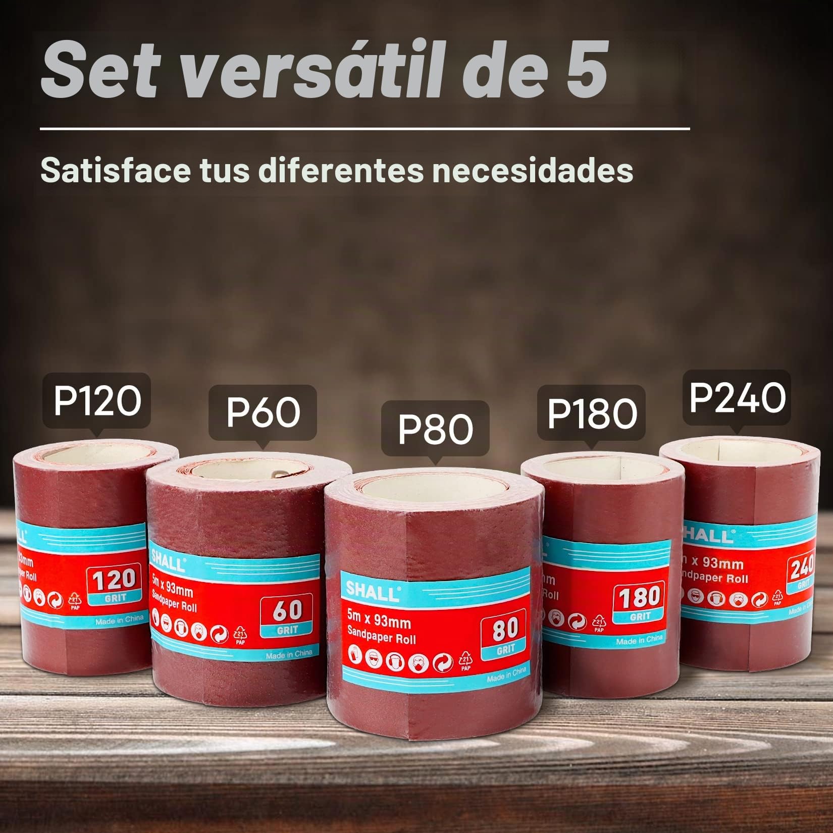 SHALL Juego de 5 rollos de papel de lija de 9,3 cm x 5 m, grano 60/80/120/180/240, papel de lija de óxido de aluminio para lijar, pulir y eliminar el óxido