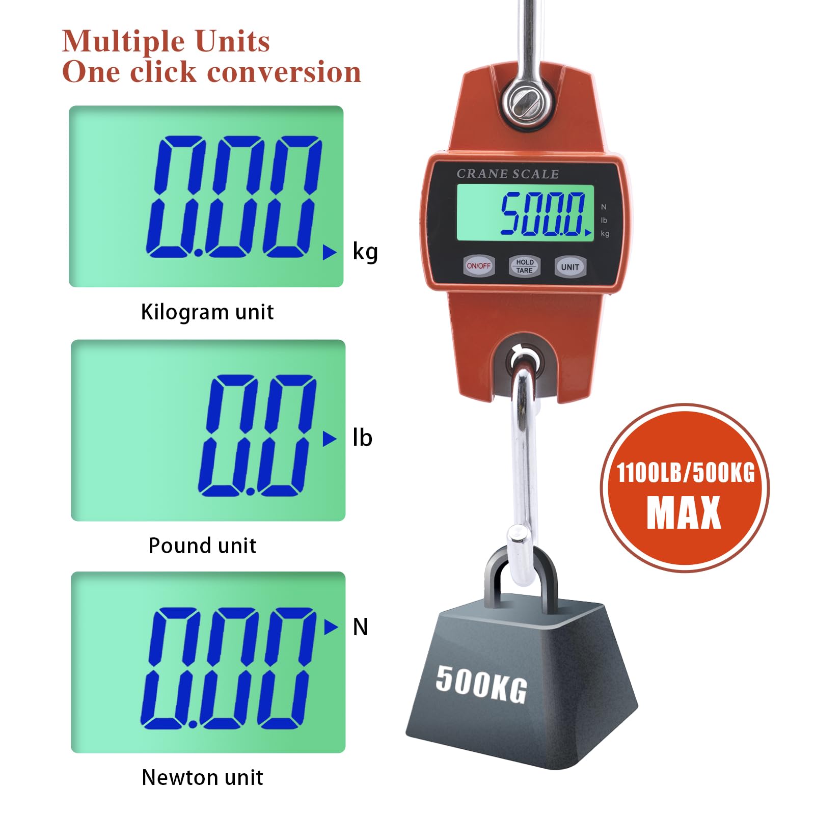 Goture Digital Hanging Scale,500kg/1100lbs Crane Scales,Fishing Scale with LED Display, Heavy Duty Hanging Weight Scale for Fishing,Luggage,Big Game,Farm,Hunting,Industries,Warehouse