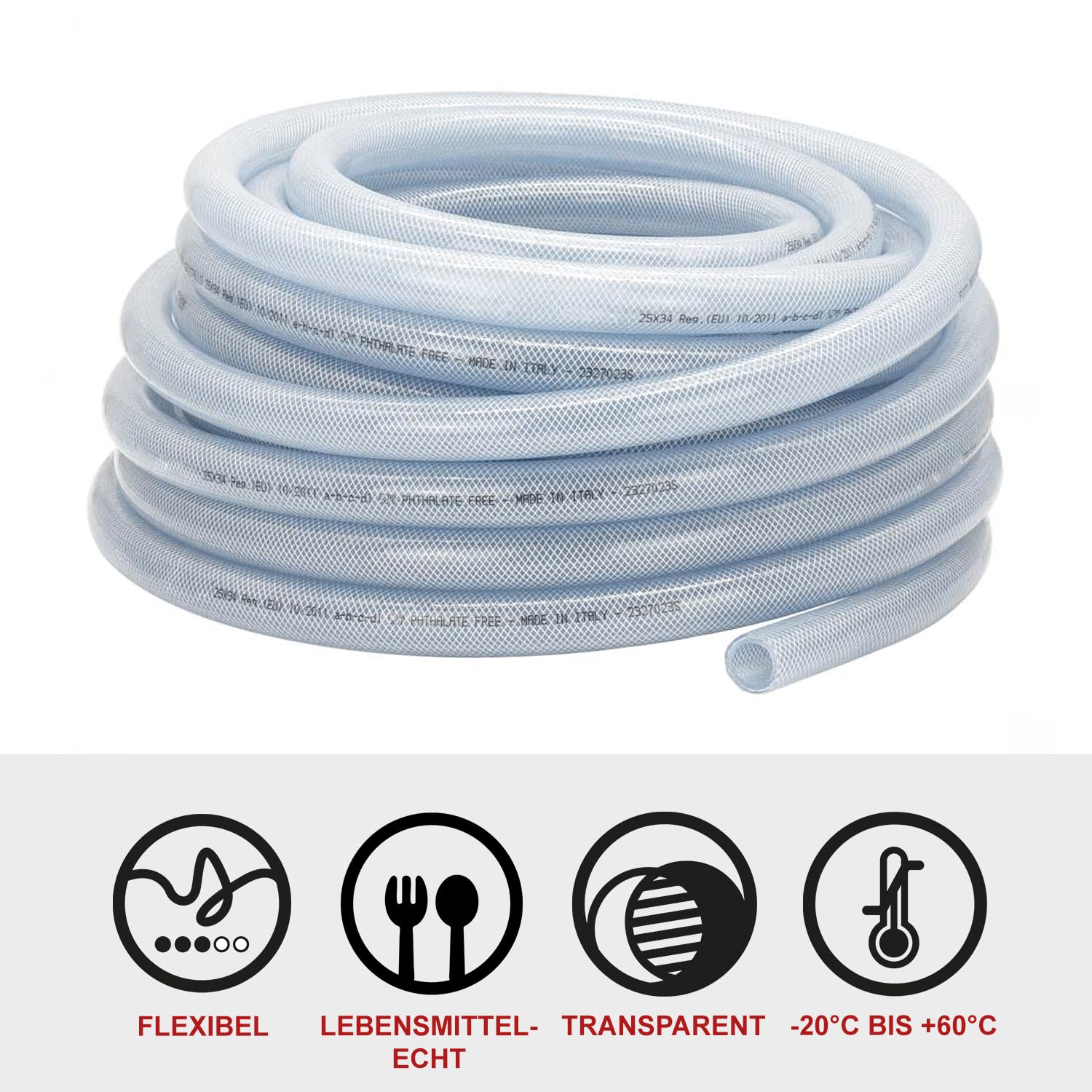 FLEXTUBE TX Ø 25mm x 4,5mm (1"), 15m de long, Qualité alimentaire, tuyau en PVC pour air comprimé, résistant à l'air, à l'eau, aux huiles conditionnelles et aux produits chimiques