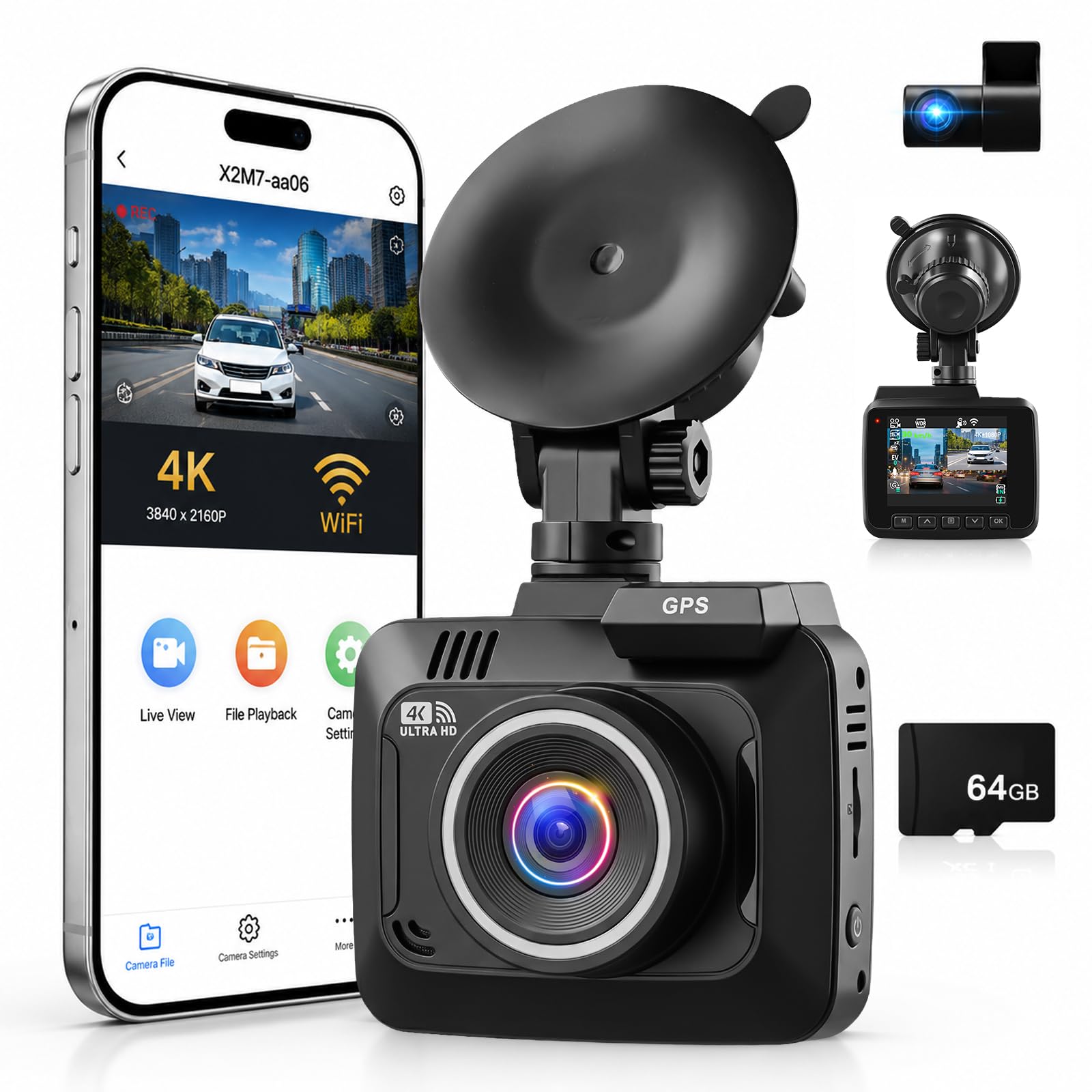 NHOPEEW Dashcam 4K para Coche con WiFi, GPS y G-Sensor | Cámara Trasera 1080P, Grabación en Bucle, Visión Nocturna, Monitor de Aparcamiento 24H, Pantalla de 2,4"