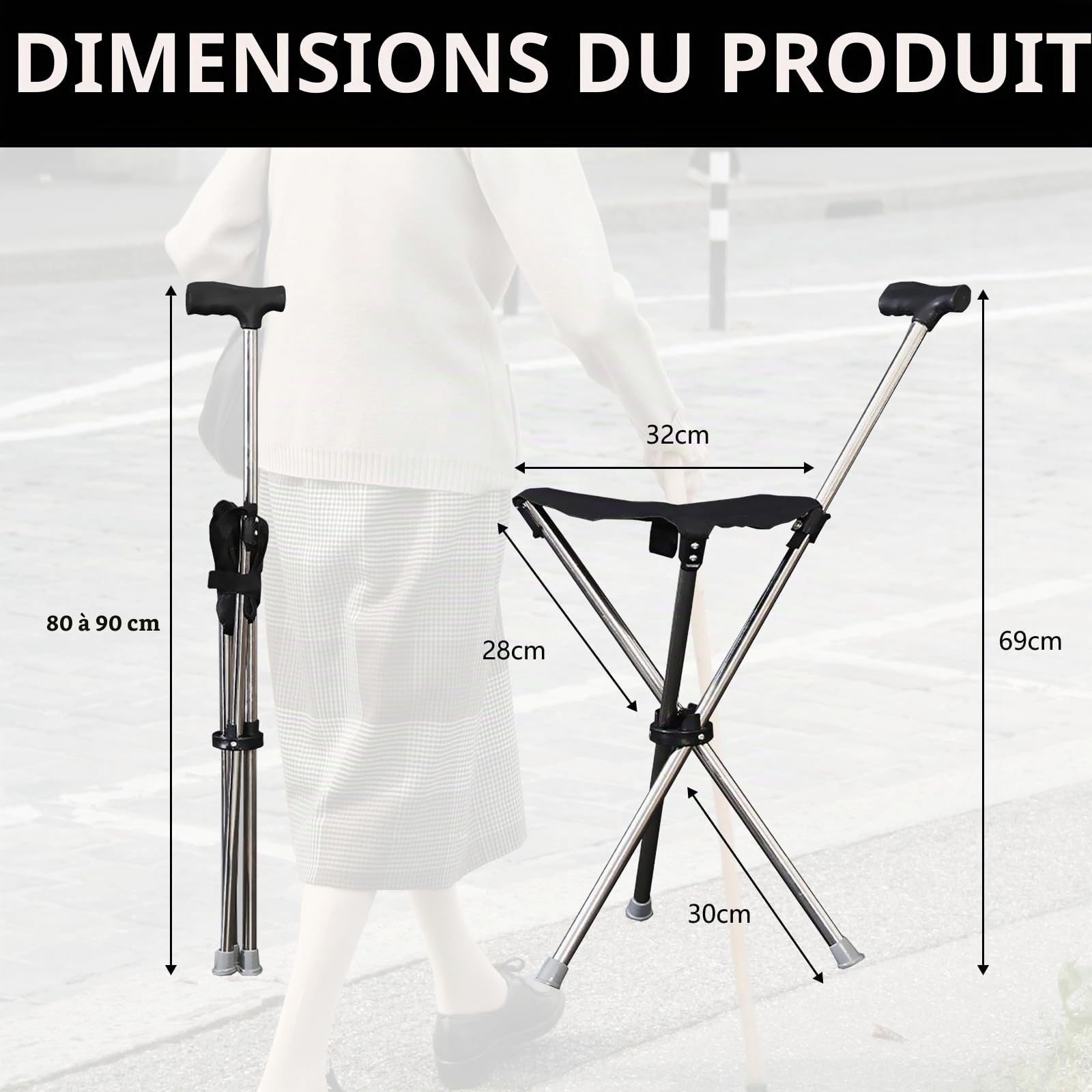 Canne Siège Pliante Légère, Canne de Marche avec Siège Cannes de siège Pliantes réglables en Hauteur Tabouret 3 Pieds Portable pour Repos Canne De Voyage De siège pour Plein air
