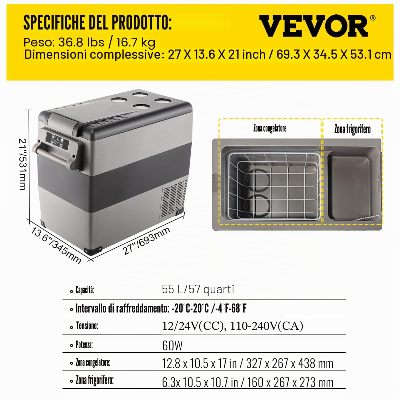 VEVOR Frigorifero Portatile 55L con Schermo LCD, Congelatore da Campeggio Controllo APP