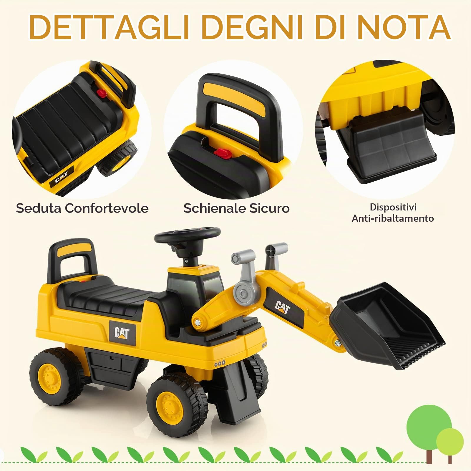 GYMAX Ruspa Giocattolo per Bambini, Escavatore Cavalcabile con Benna Regolabile, Clacson e Spazio di Archiviazione Nascosto, Pneumatici Anti-scivolo, 1-3 Anni