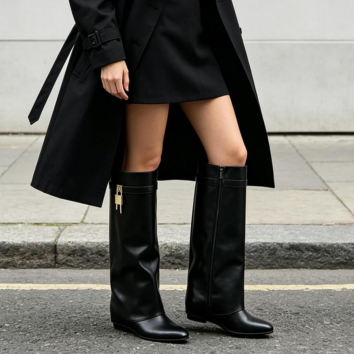 Fold Over Boots for Women Knee High Wedge Heels Shark Boots with Side Zipper image 2