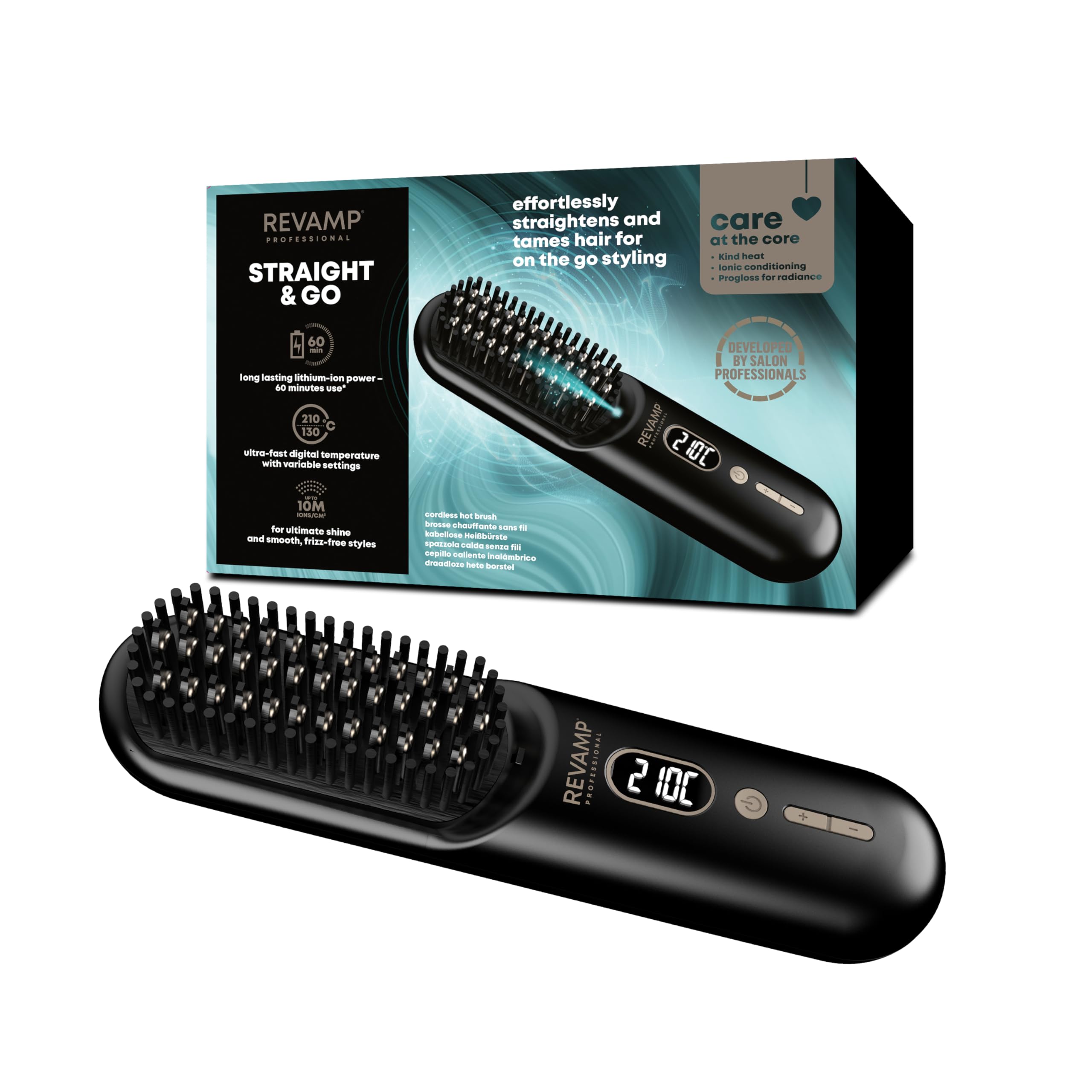REVAMP Straight & Go Brosse Lissante Sans Fil – Mini Lisseur Ionique avec Dents en Céramique, Recharge USB-C, 60 min d’Autonomie Sans Fil – Brosse Chauffante de Voyage Cheveux et Barbe