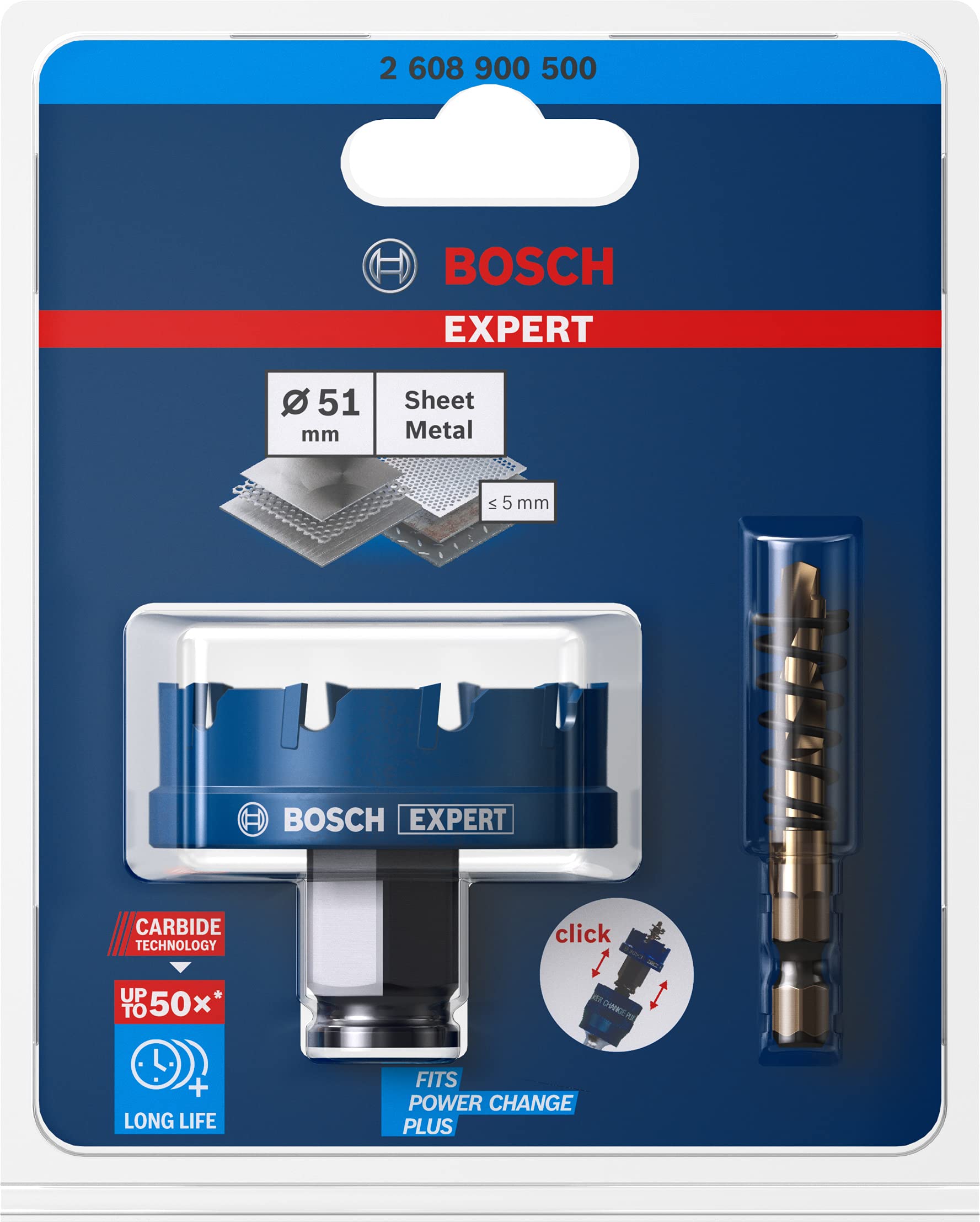 Bosch 1x Scies trépans EXPERT Sheet Metal pour systèmes Power Change Plus (pour Tôles en acier inoxydable, Tôles en acier, Ø 51 mm, Professional Accessoire Perceuses/visseuses rotatives)