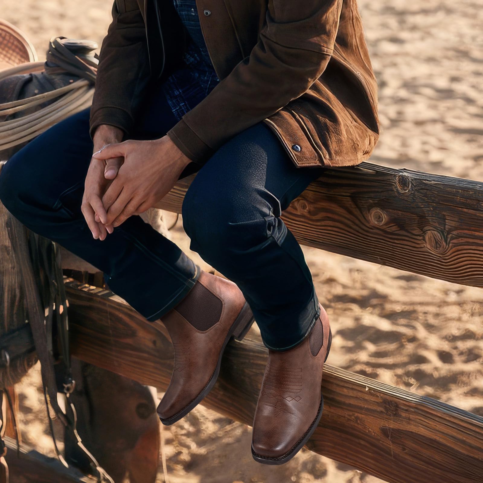 J's.o.l.e Stivali da cowboy da uomo alla moda occidentale Chelsea stivali punta quadrata tacco basso vestito stivaletti