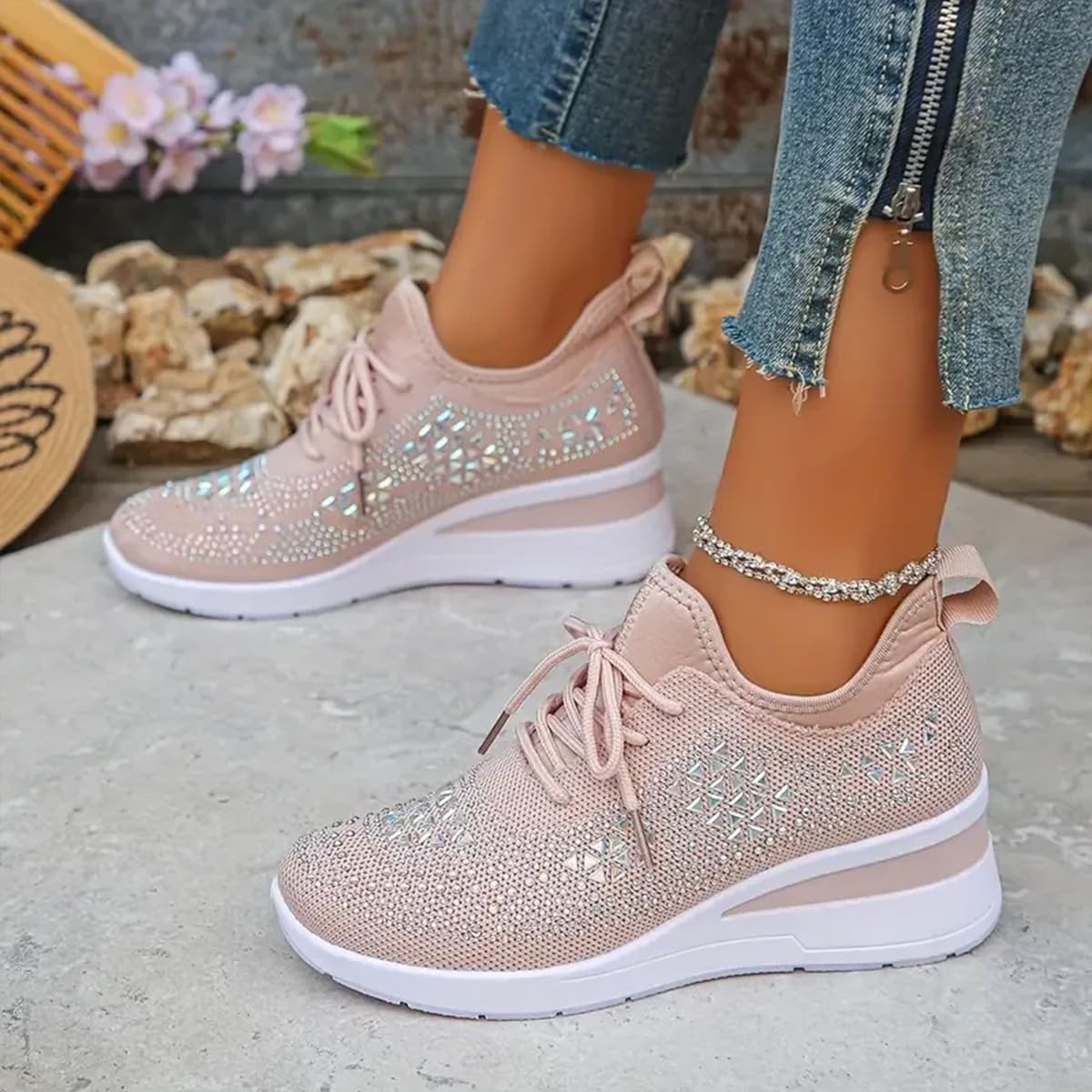 Donna Glittery Rhinestone Fashion Breathable Wedge Sneakers, Sparkly Platform Trainers Lightweight Comfy Slip On Walking Shoes, rosa., 40 EU