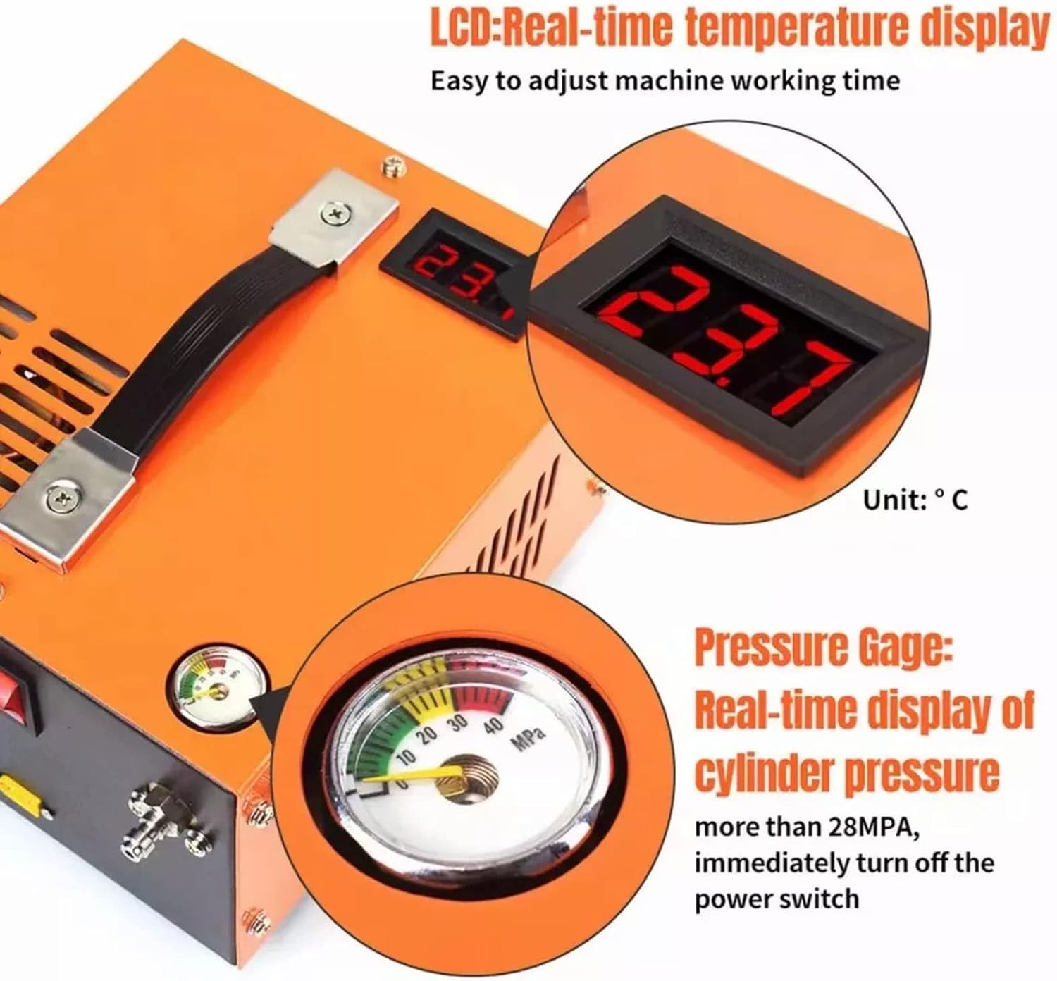 Close-up of the compressor's LCD temperature display showing '23.7 °C' and a pressure gauge indicating pressure in MPa.