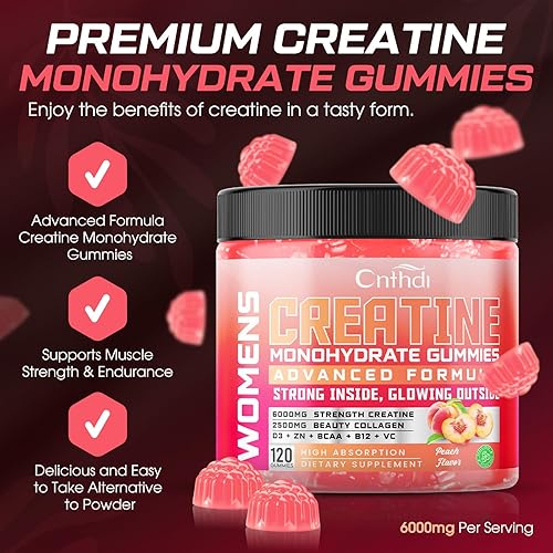 Miniatura 2 de Gomitas de creatina para mujeres, creatina monohidrato sin azúcar con colágeno, BCAA, vitamina C y B12 para músculos, energía y glúteos, suplementos
