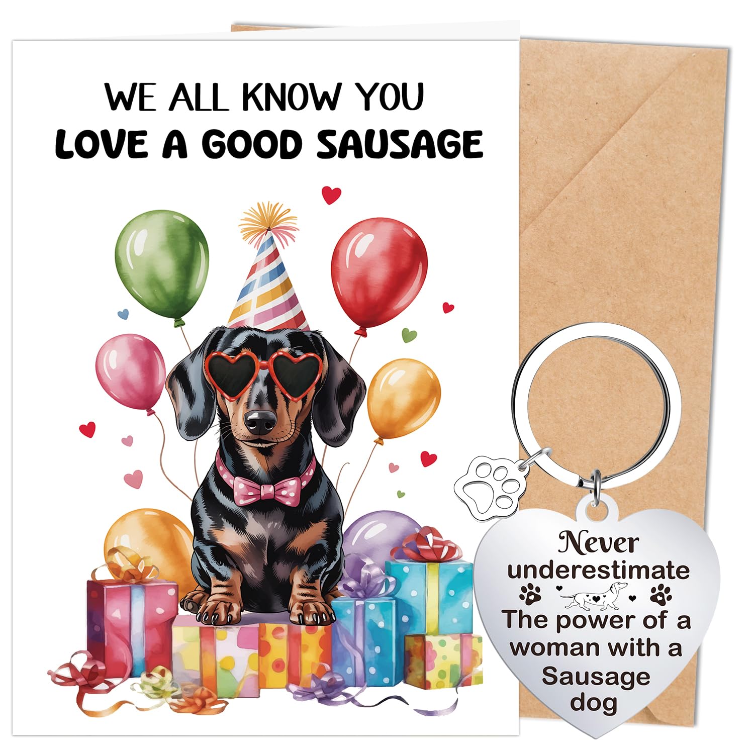 Eiapadeor Dachshund Sausage Dog Gifts - 2Pcs Dachshund Gifts for Women, Funny Sausage Dog Birthday Cards with Envelope Keyring, Happy Birthday Valentines Mother's Day Greeting Card for Mum Wife โ image 1