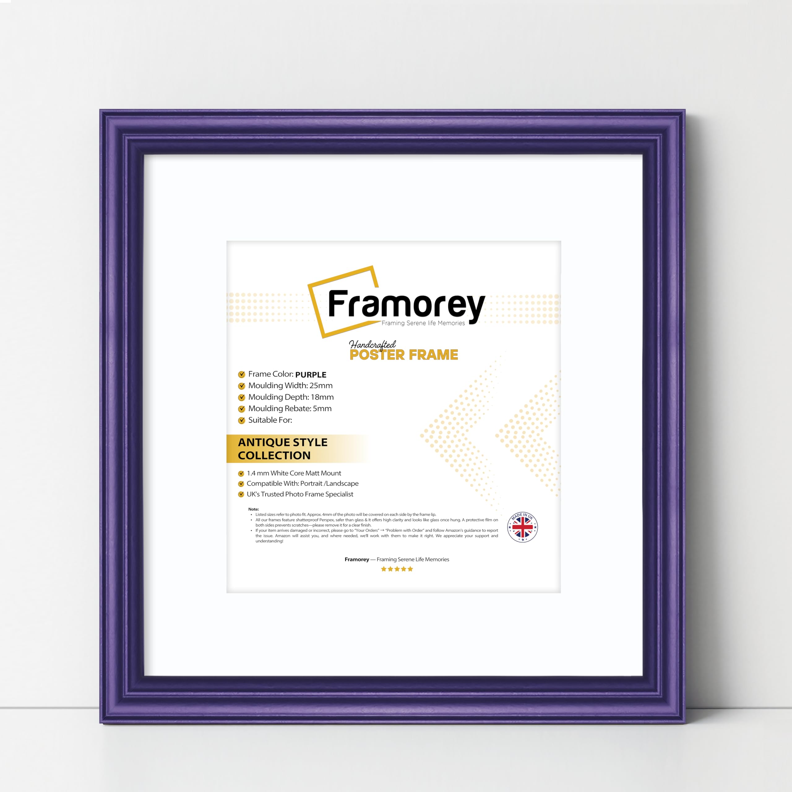 FRAMOREY Square Photo Frames, 45x45CM Size Purple Picture Frame With 35x35CM Size White Mount, LW Antique Style Home Wall Decor Frames, Wall Hanging Art Poster Frames, MDF Wood Frames