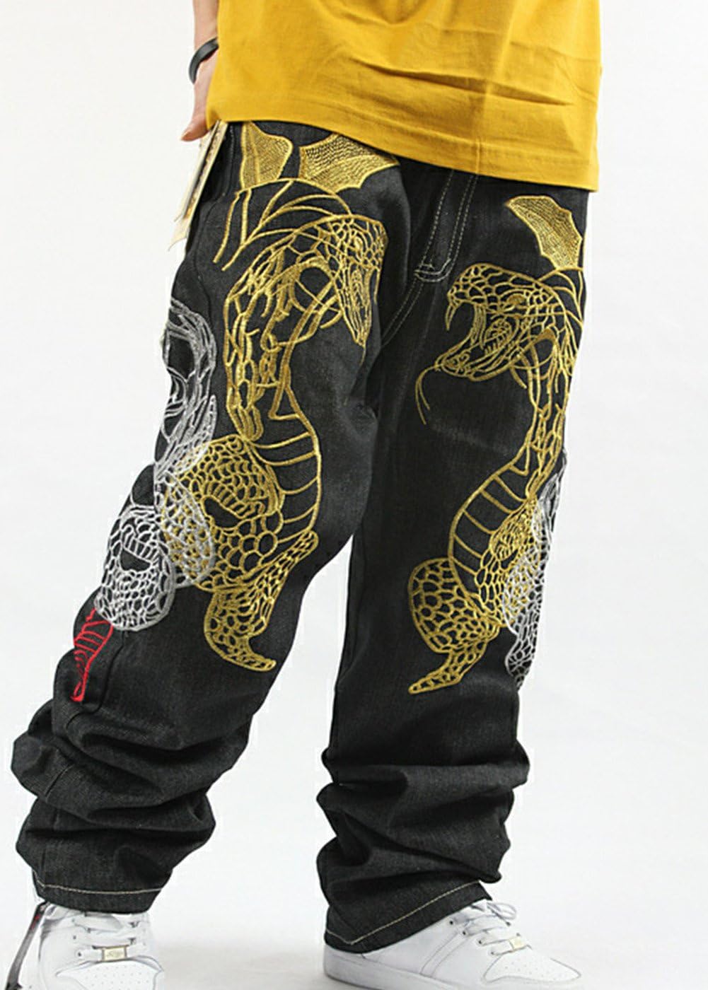 Crazy Men's Hip Hop Graffiti POW Print Baggy Relaxed Denim