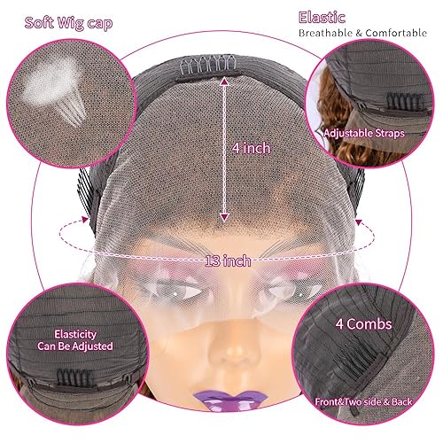 Miniatura 4 de Chesma Peluca de cabello humano rubio miel 427 degradado con encaje frontal de 13 x 4, con reflejos HD de 13 x 4, pelucas frontales de encaje sin