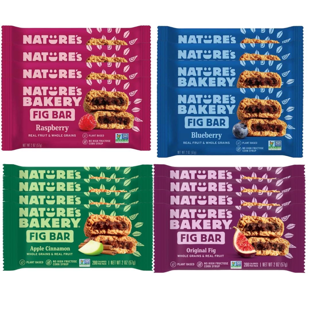 Nature’s Bakery Fig Bars Variety Pack, 19 Count – Apple Cinnamon, Original Fig, Blueberry & Raspberry – Soft-Baked Snack Bars for On-the-Go