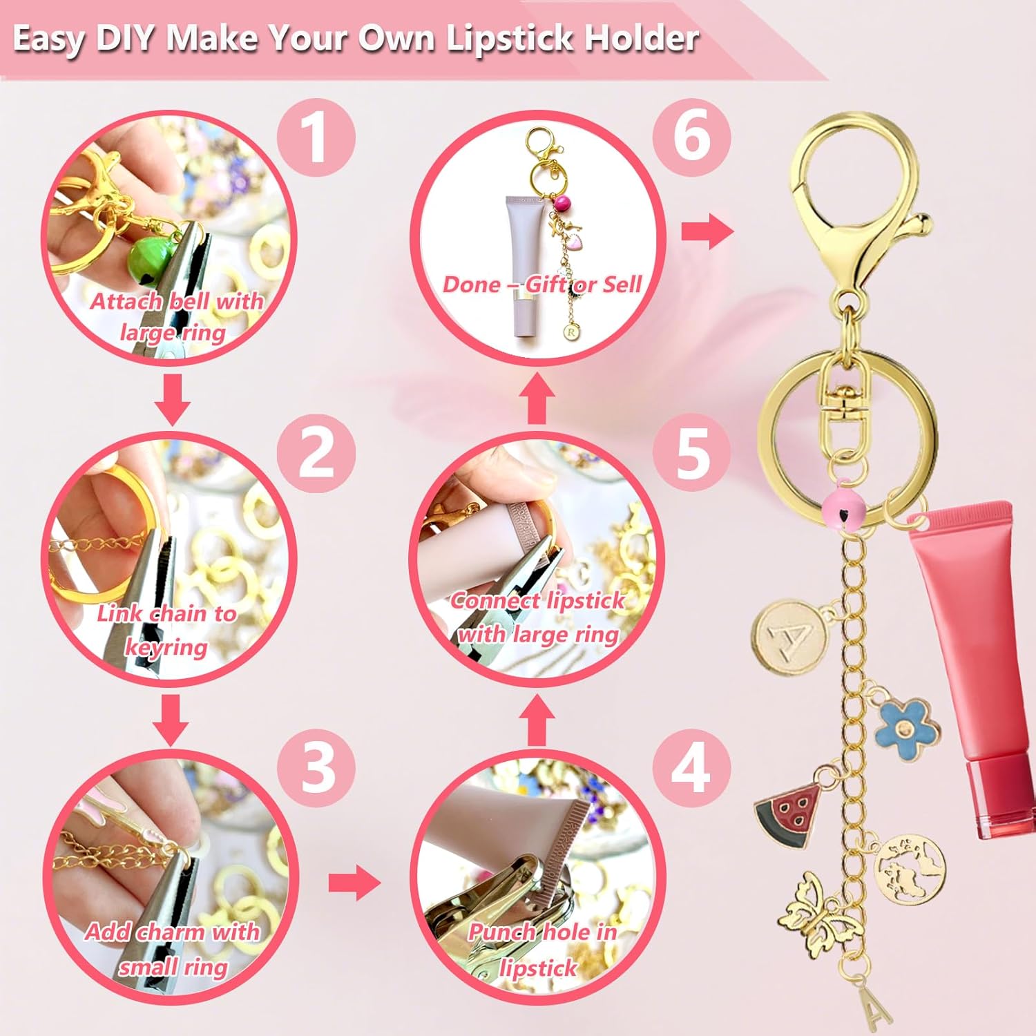 Qrhky 276PCS Lip Gloss Charms Keychain Kit, DIY Keychain Making Kit with Pink Enamel Alphabet Charms, Chains and Bells, Great Gift for Girls and Teens, Ideal for Class Projects & Party Crafts - Image 3