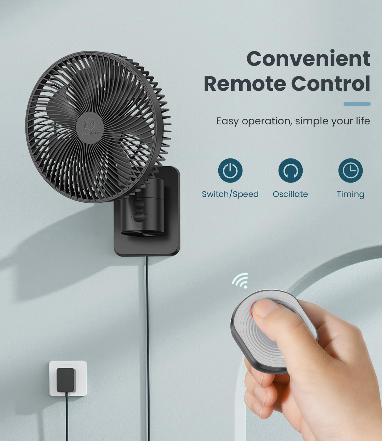 LEMOISTAR - Ventilador pequeño de 8 pulgadas con control remoto, oscilación de 90°, 4 velocidades, 4 temporizadores, inclinación ajustable, cable de 70 pulgadas, silencioso, para recámara en esquina